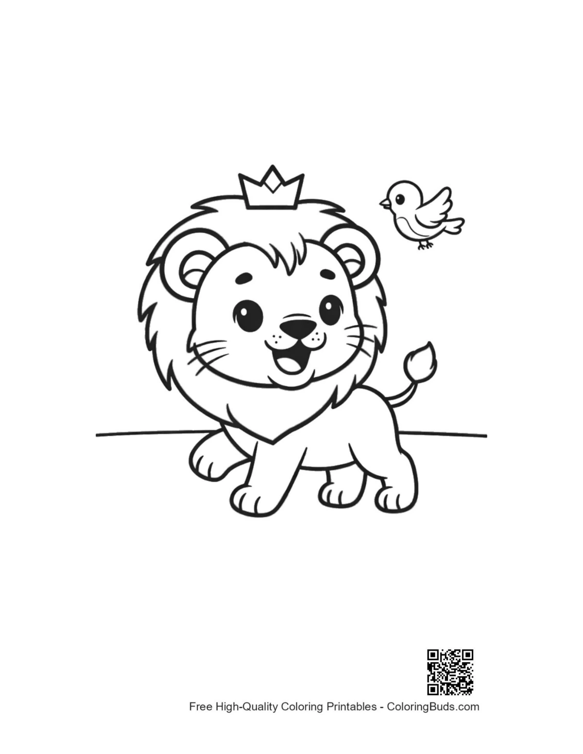 Cute lion cub playing with flying bird coloring page