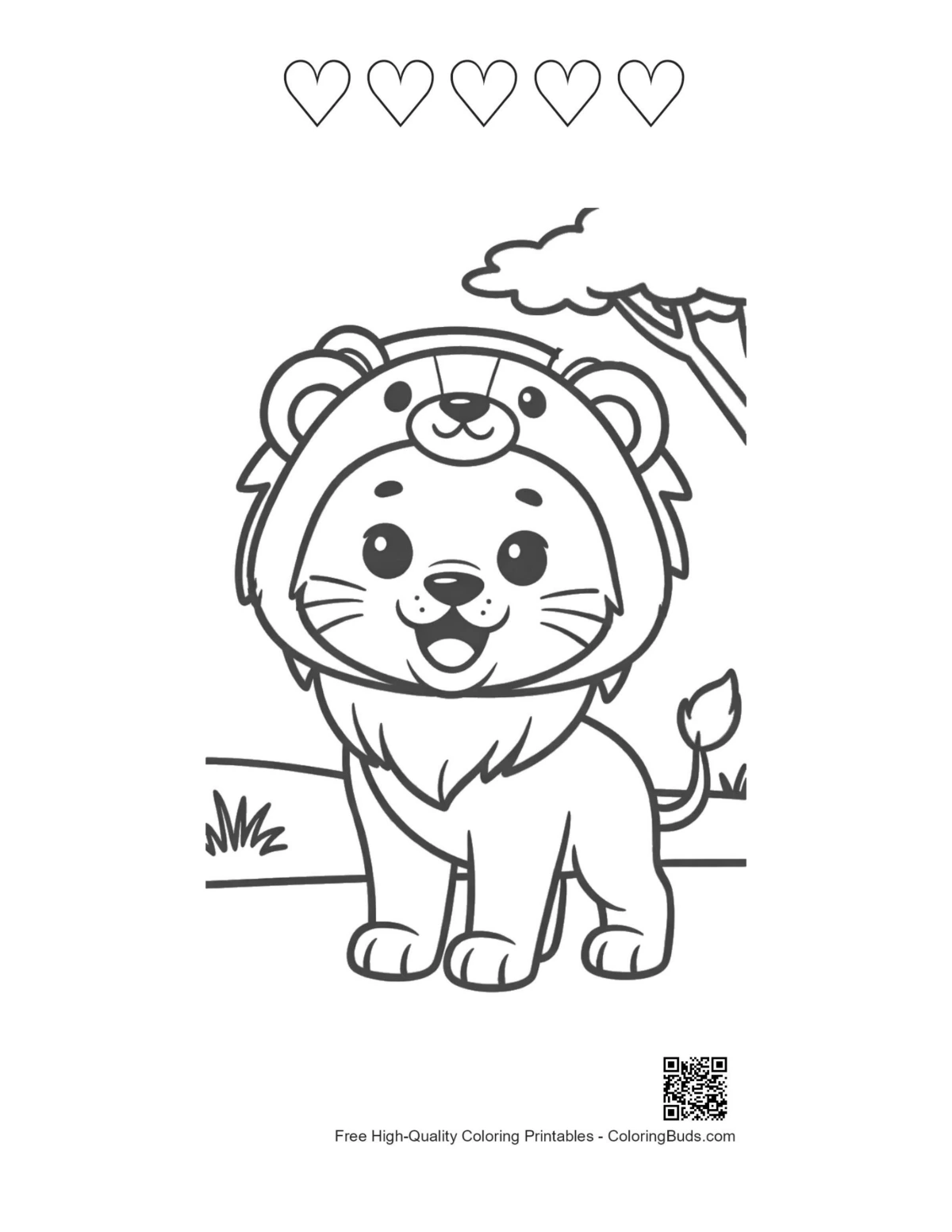 Young lion cub nature with 5 heart outlines printable