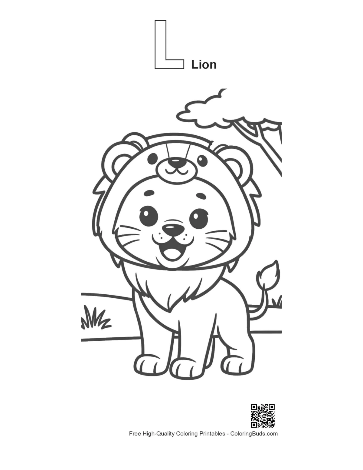 Young lion cub alphabet L outline nature coloring page