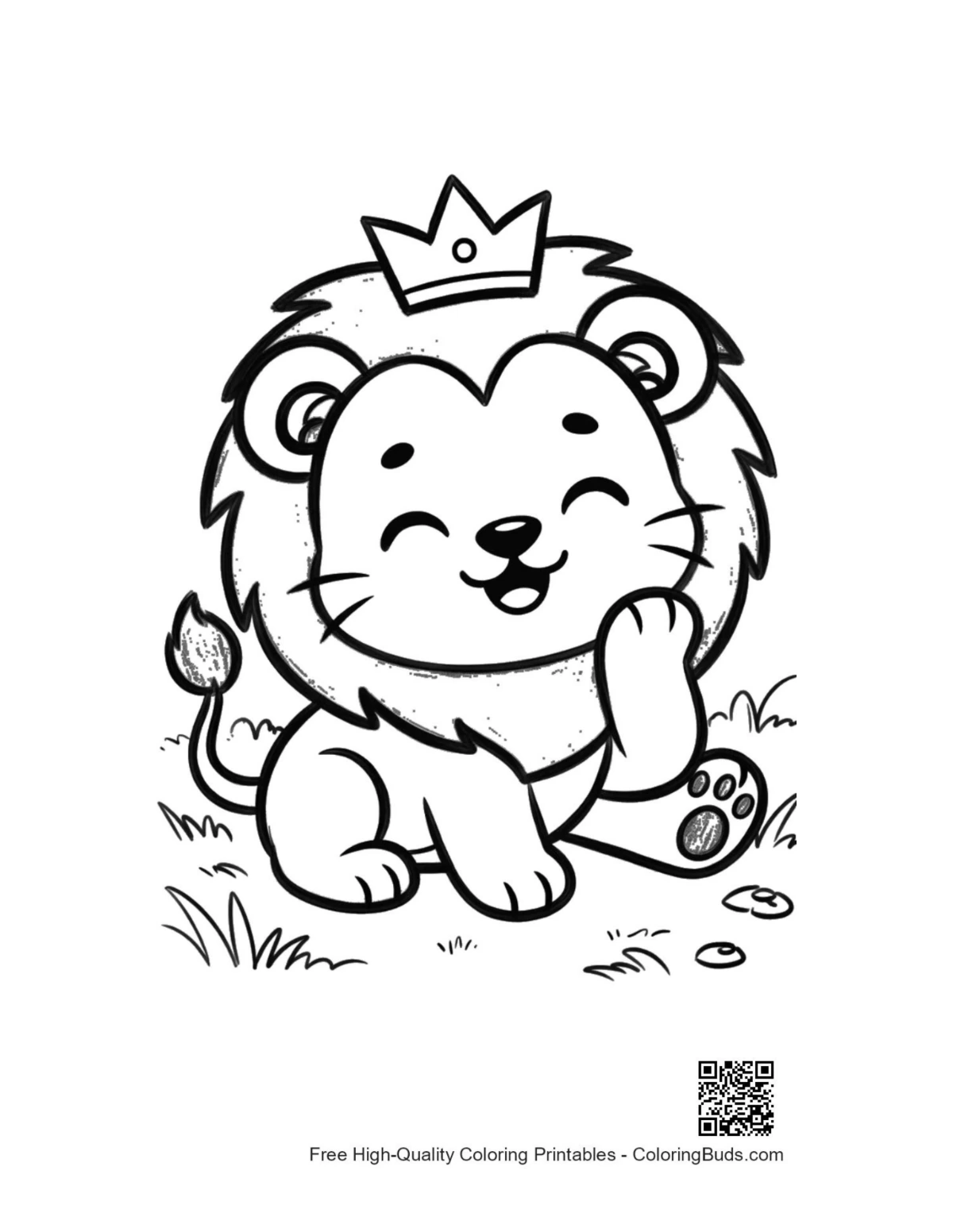 Cute baby Male Lion king crown smiling coloring page