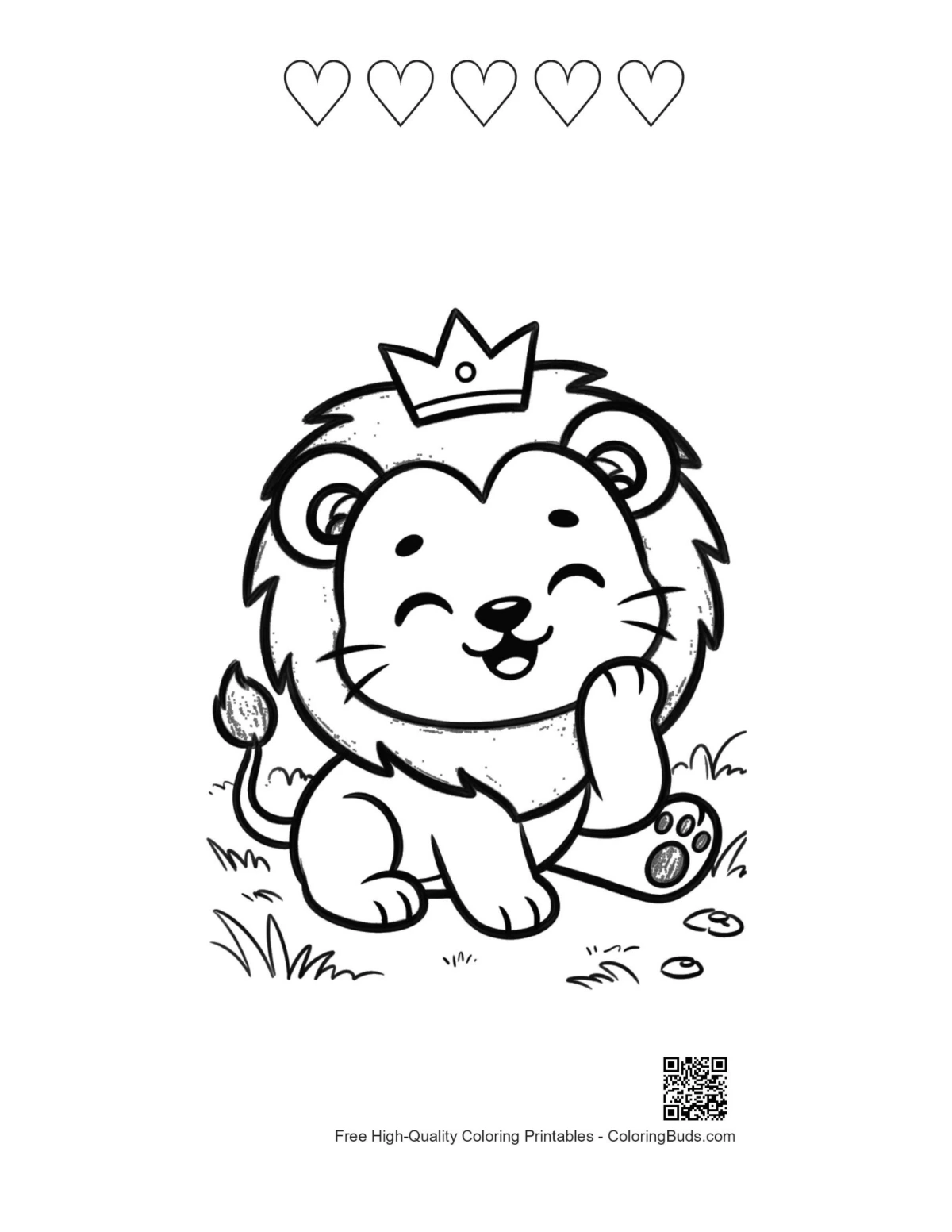 Baby lion king smiling with 5 heart outline printable