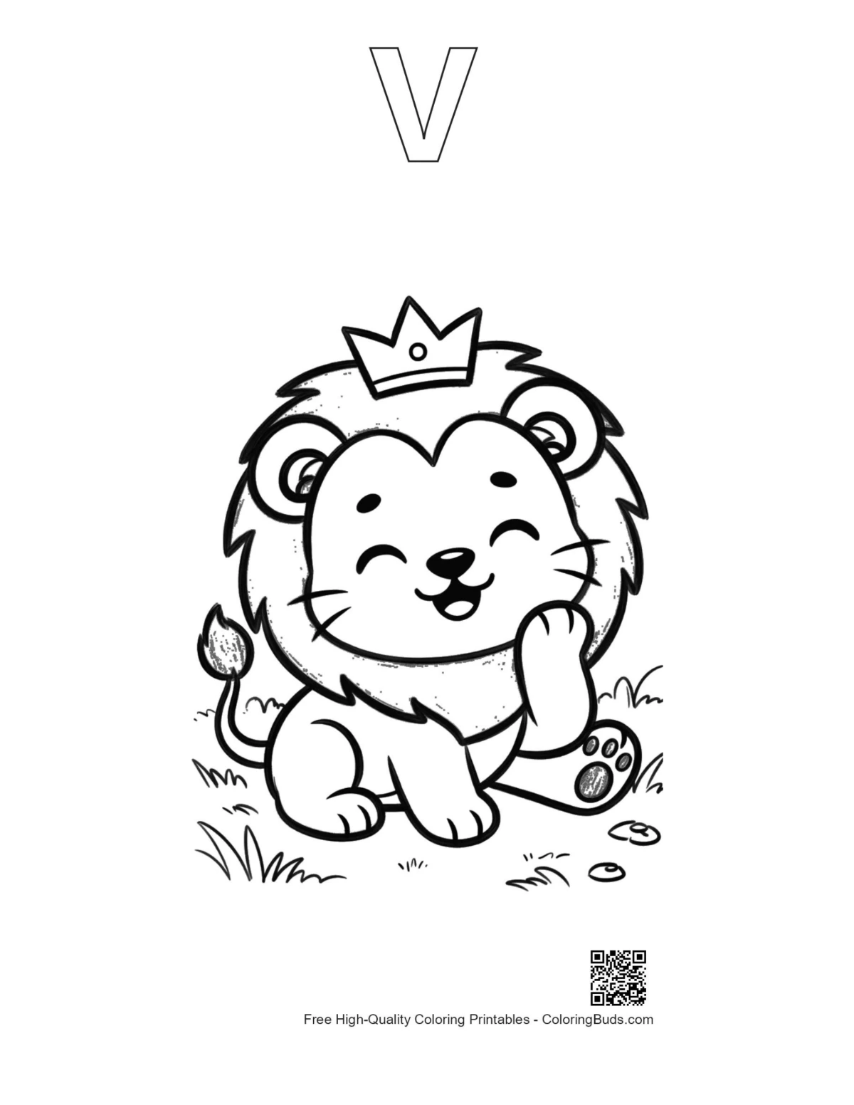 Baby lion king crown smiling outline alphabet V printable
