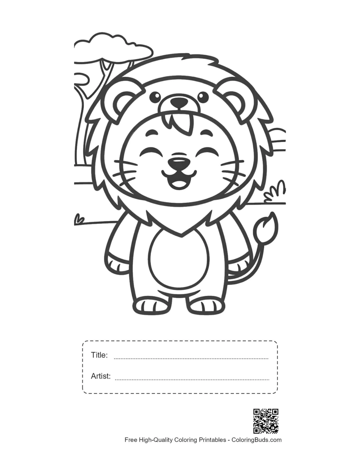 Happy lion cub printable with title artist box