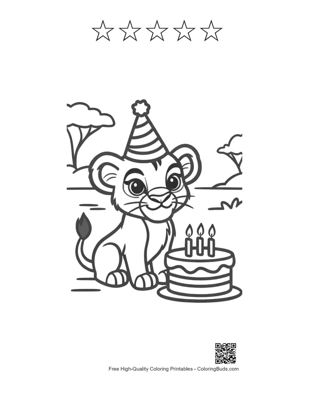 Happy lion cub with 5 star outline birthday printable