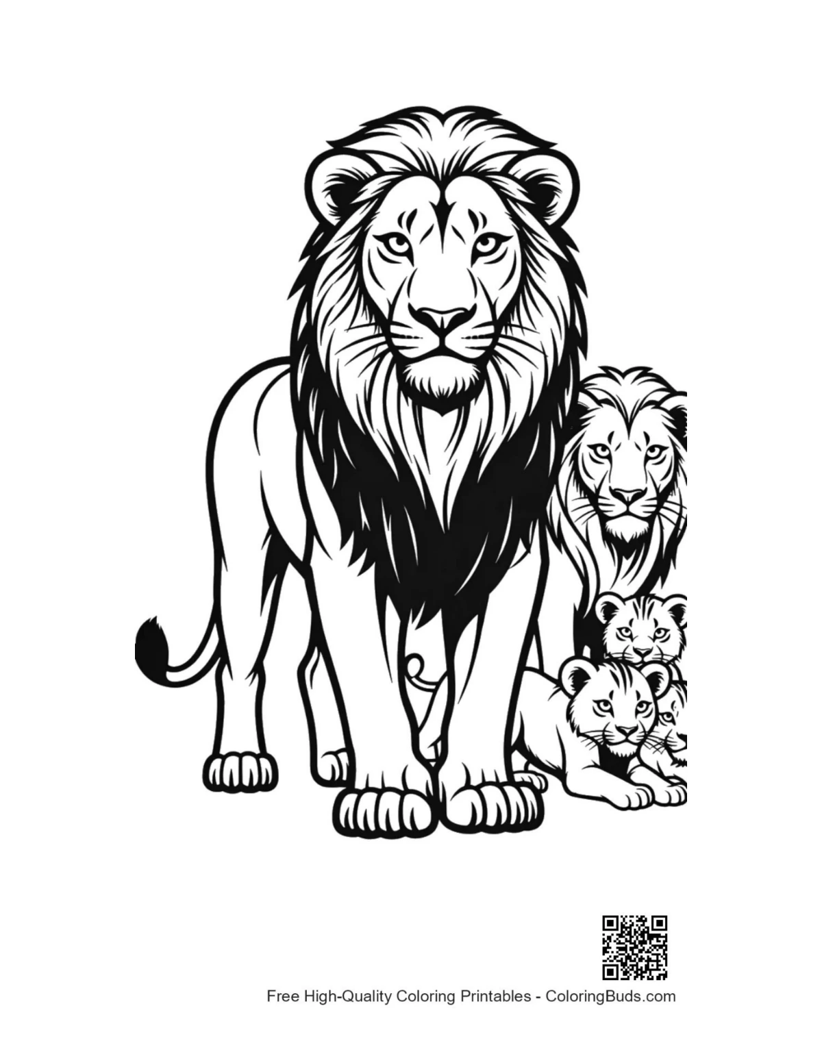 Majestic male lion protecting playful cubs
