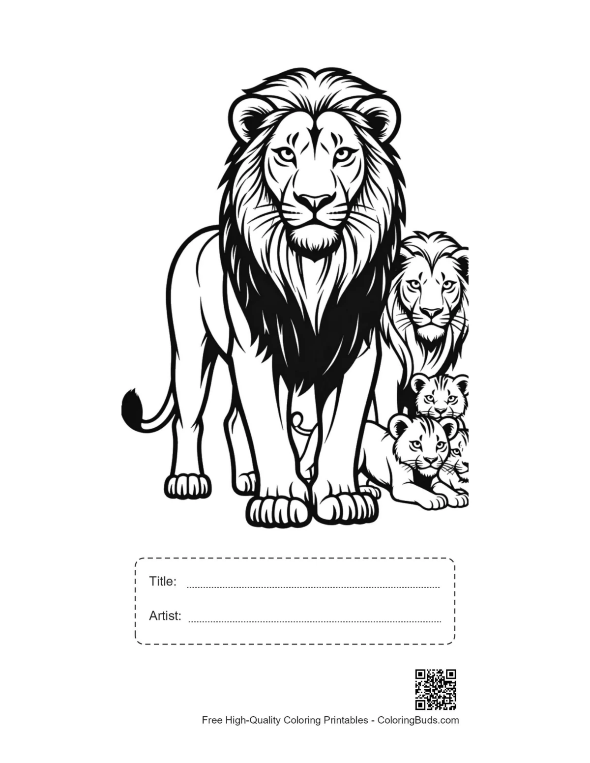 Majestic male lion cubs printable with title box