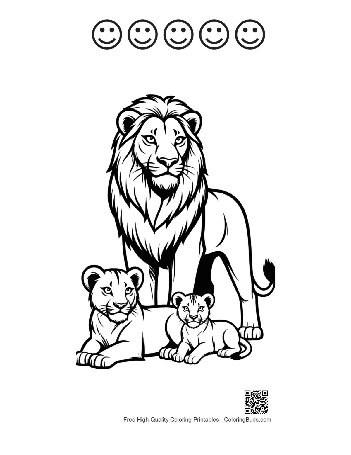 Male lion family printable with 5 happy faces