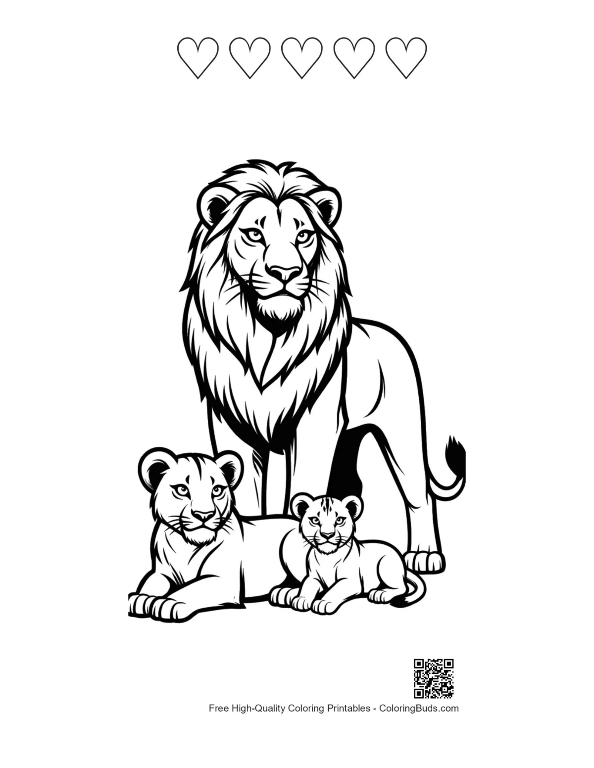 Male lion printable featuring 5 heart outlines