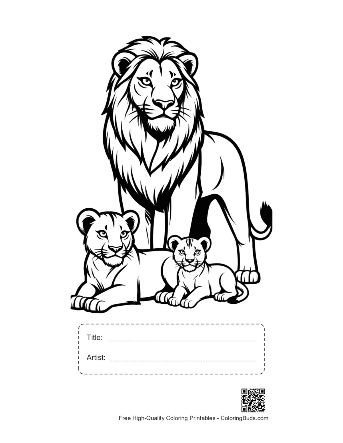 Male lion family printable with title and artist box