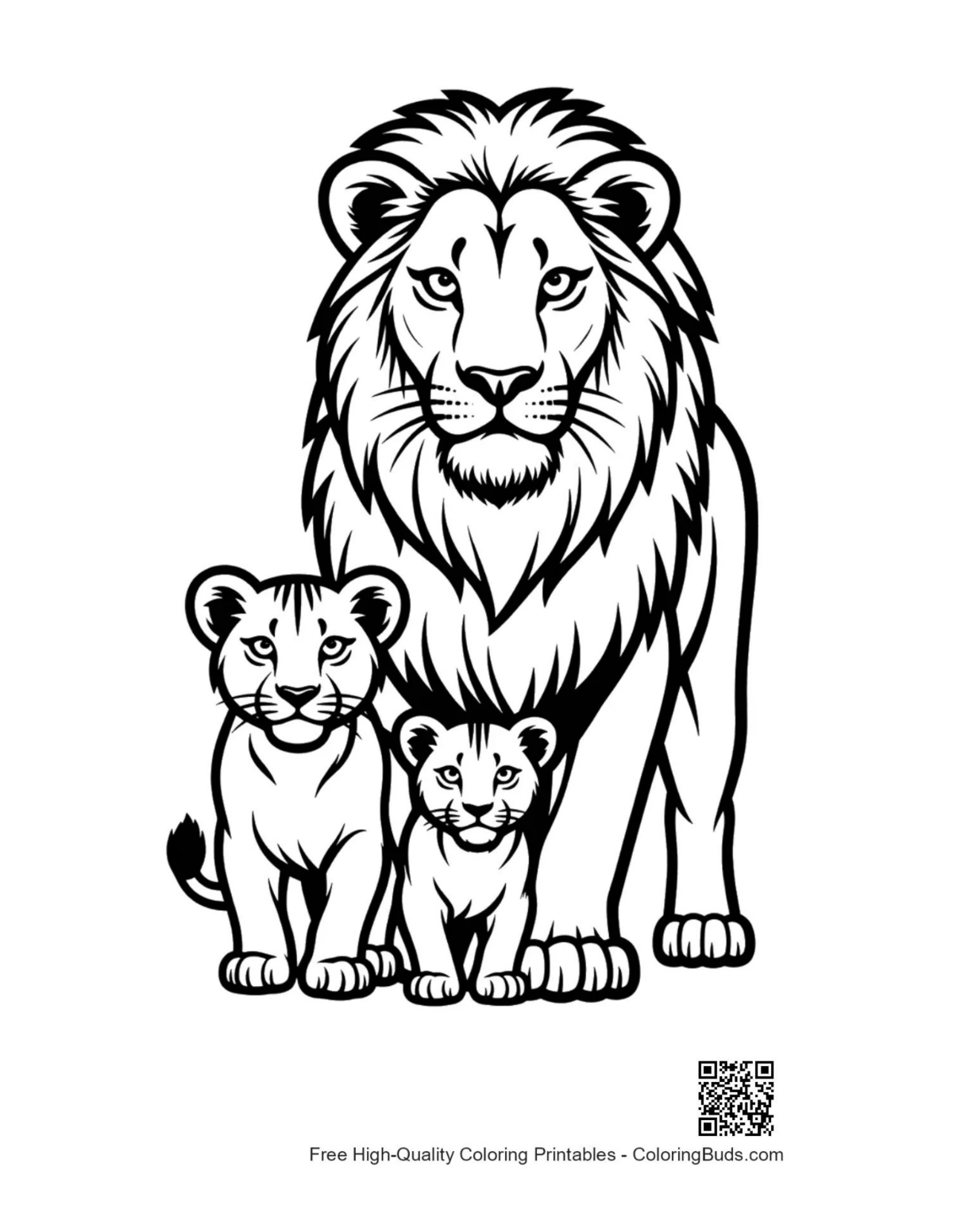 Majestic male lion standing with two cubs in savanna
