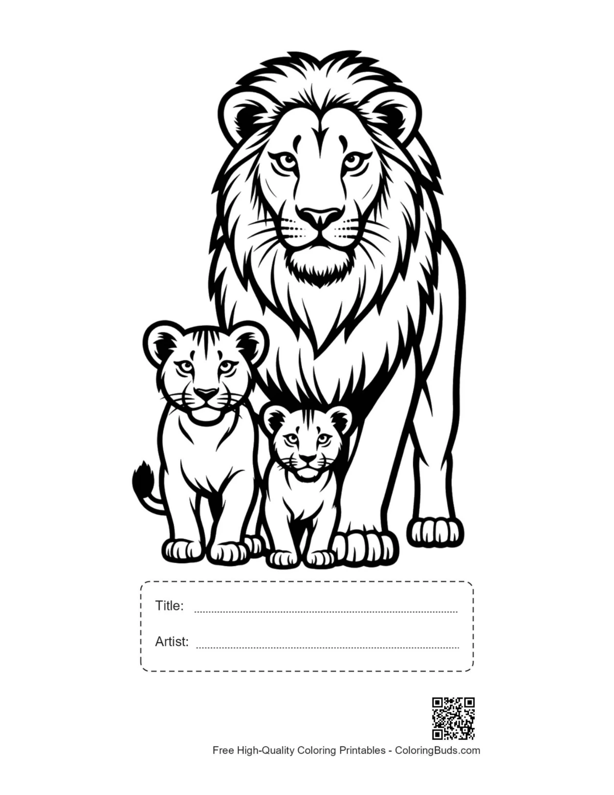 Printable majestic male lion with cubs and title space