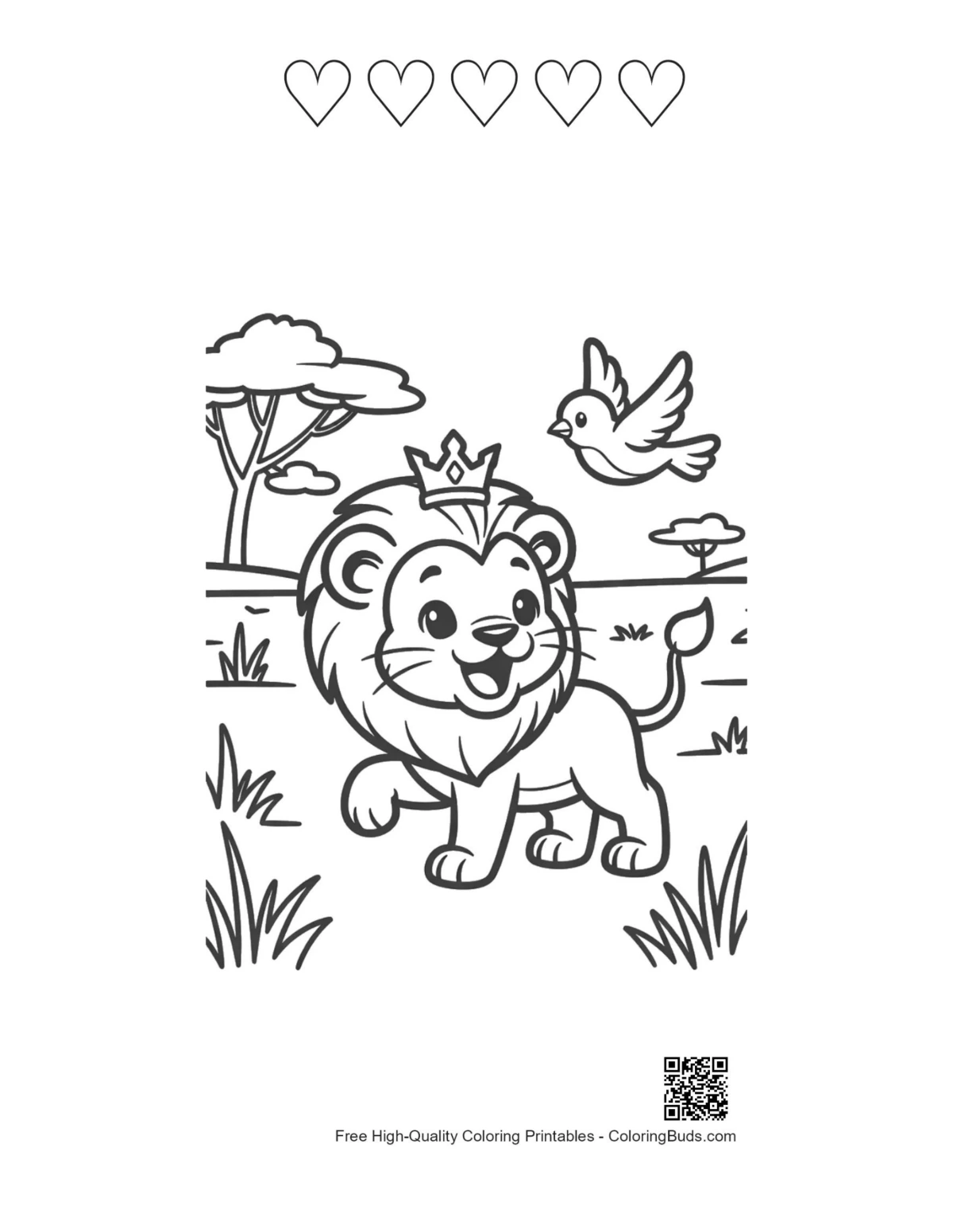 Male lion coloring page with 5 hearts