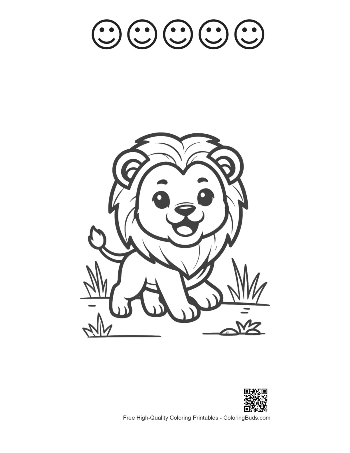 Male lion printable featuring 5 happy face outlines