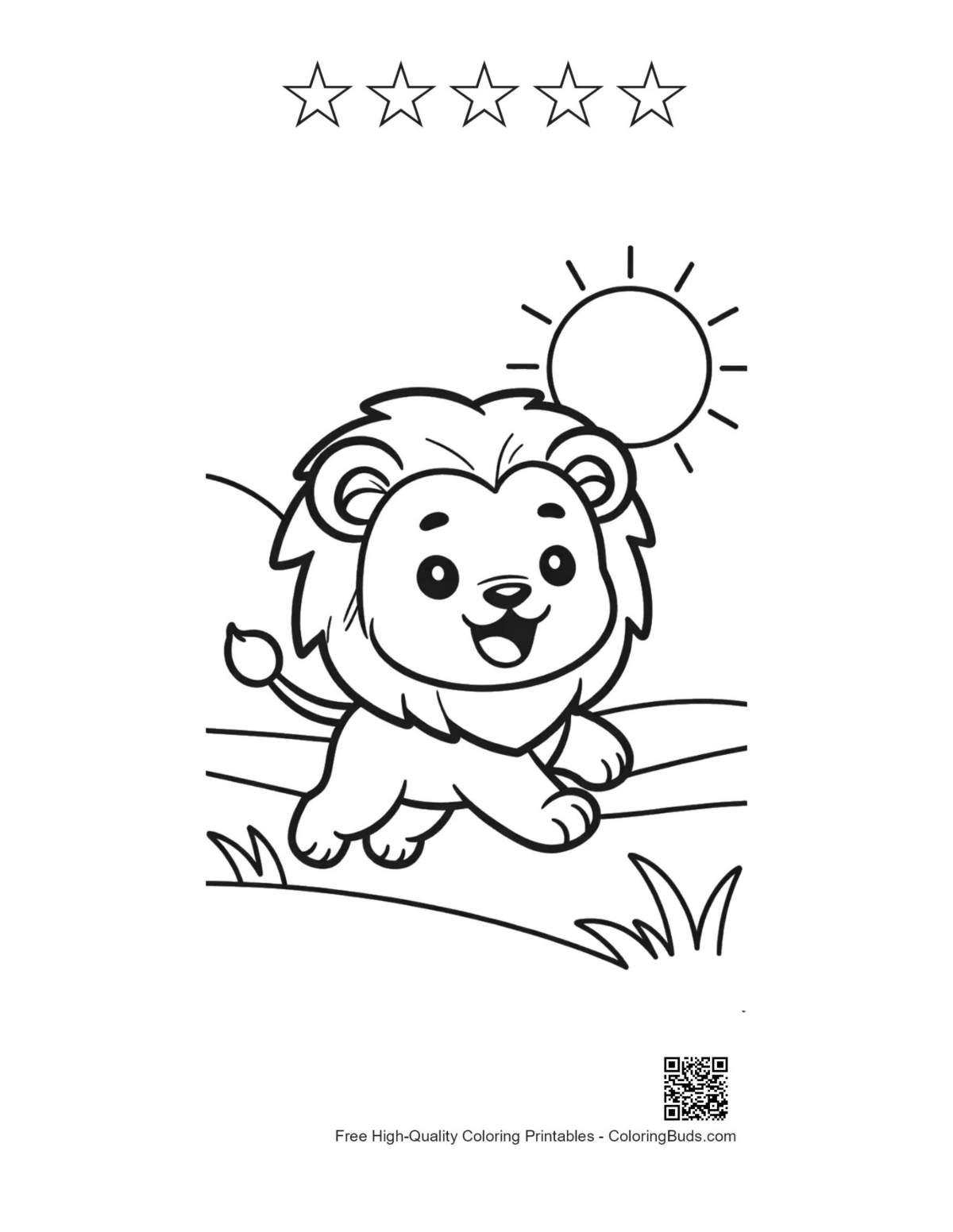 Male lion with 5 stars outline printable coloring sheet