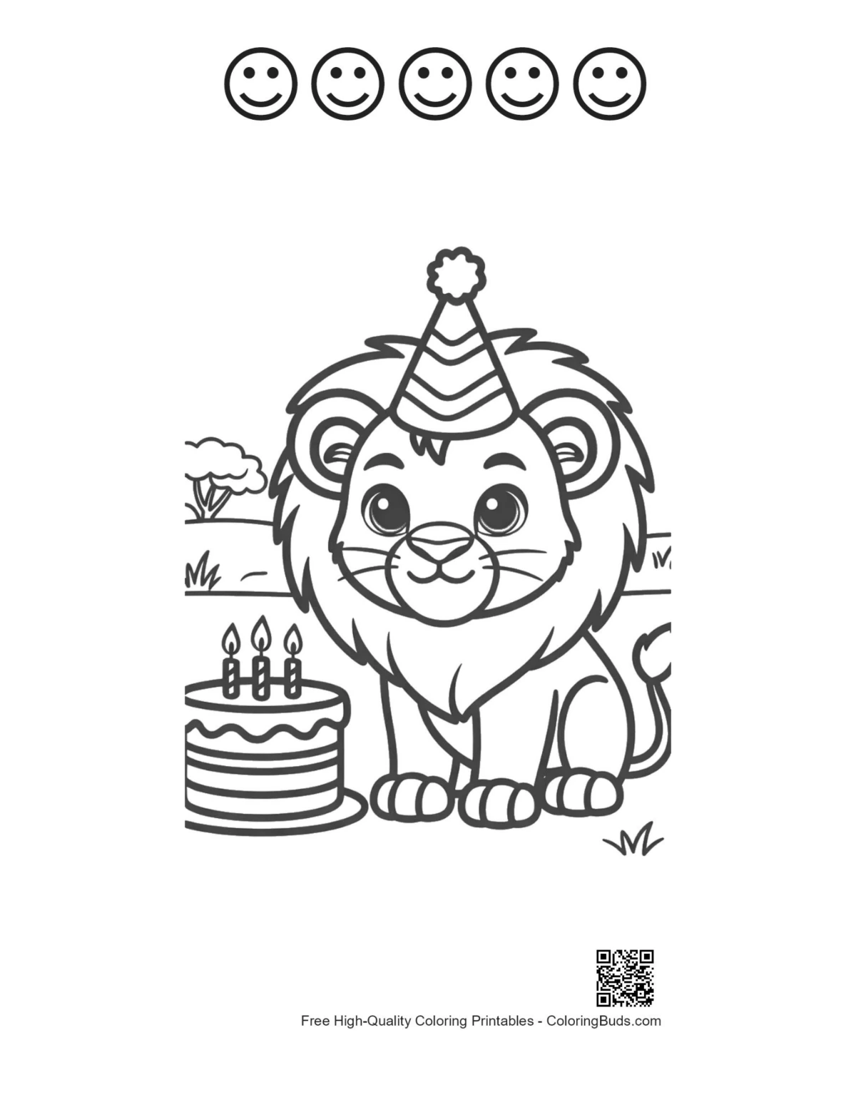 Male lion and 5 happy faces coloring outline