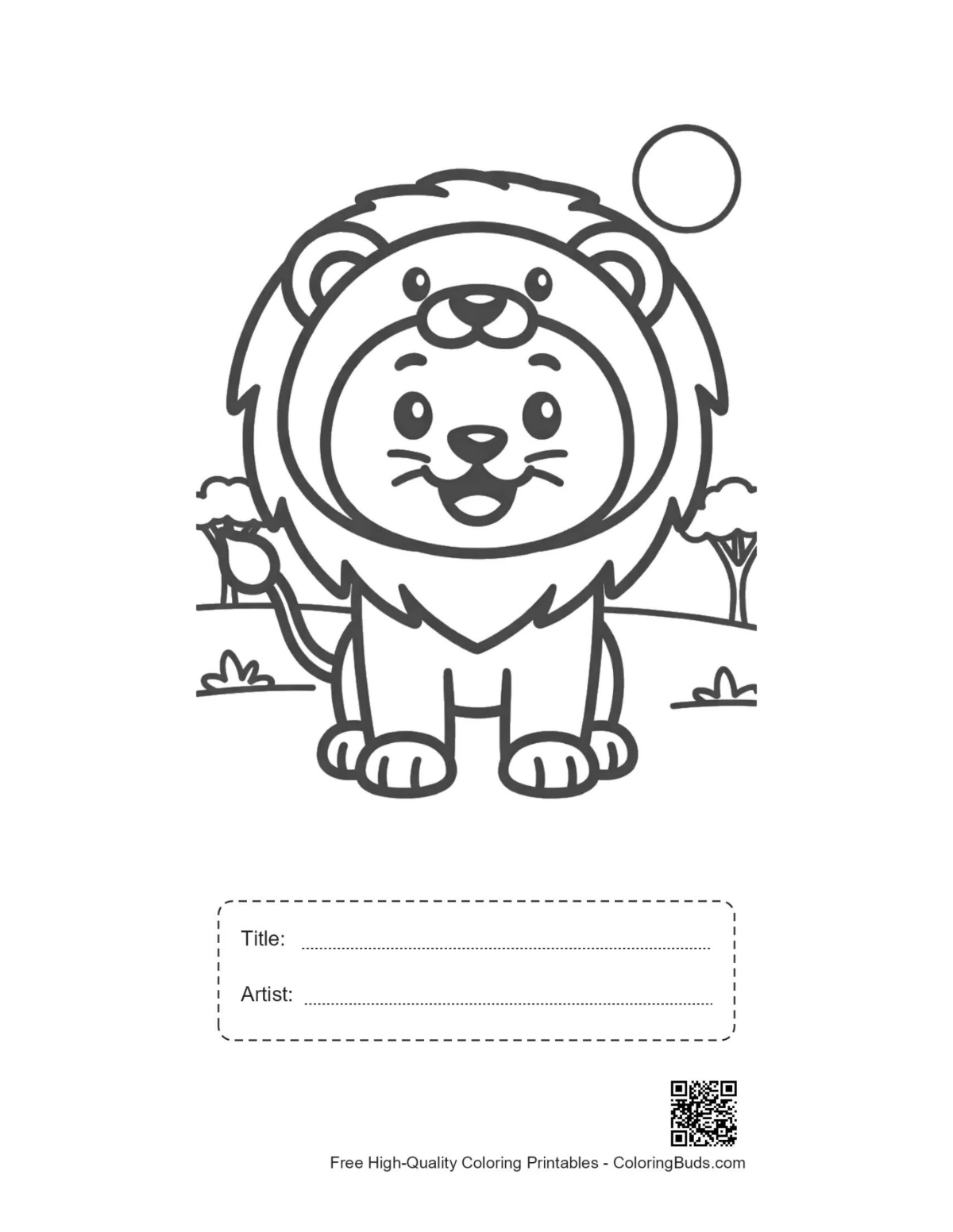 Printable male lion page with title artist box