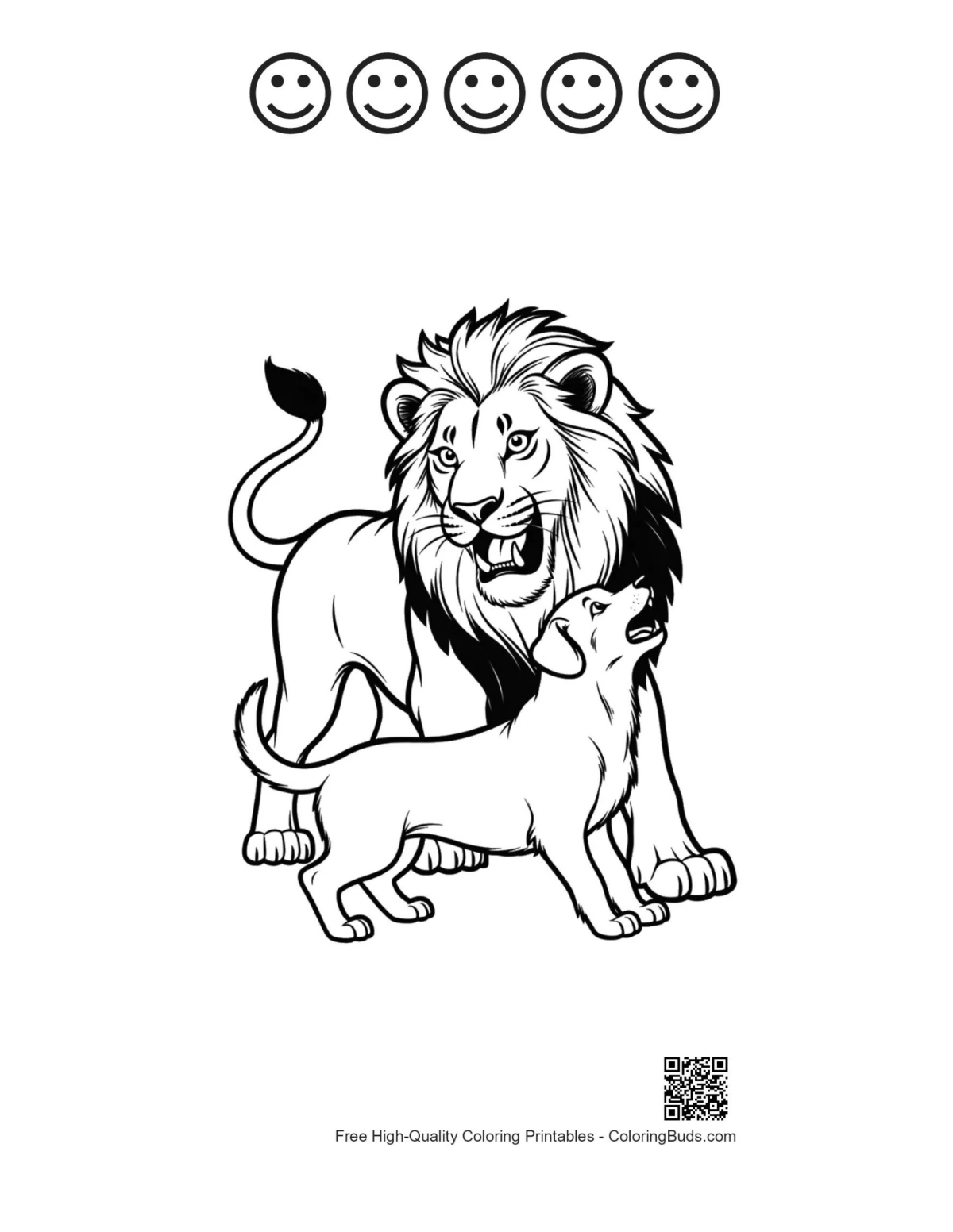 Mighty male lion roaring with 5 happy faces outline