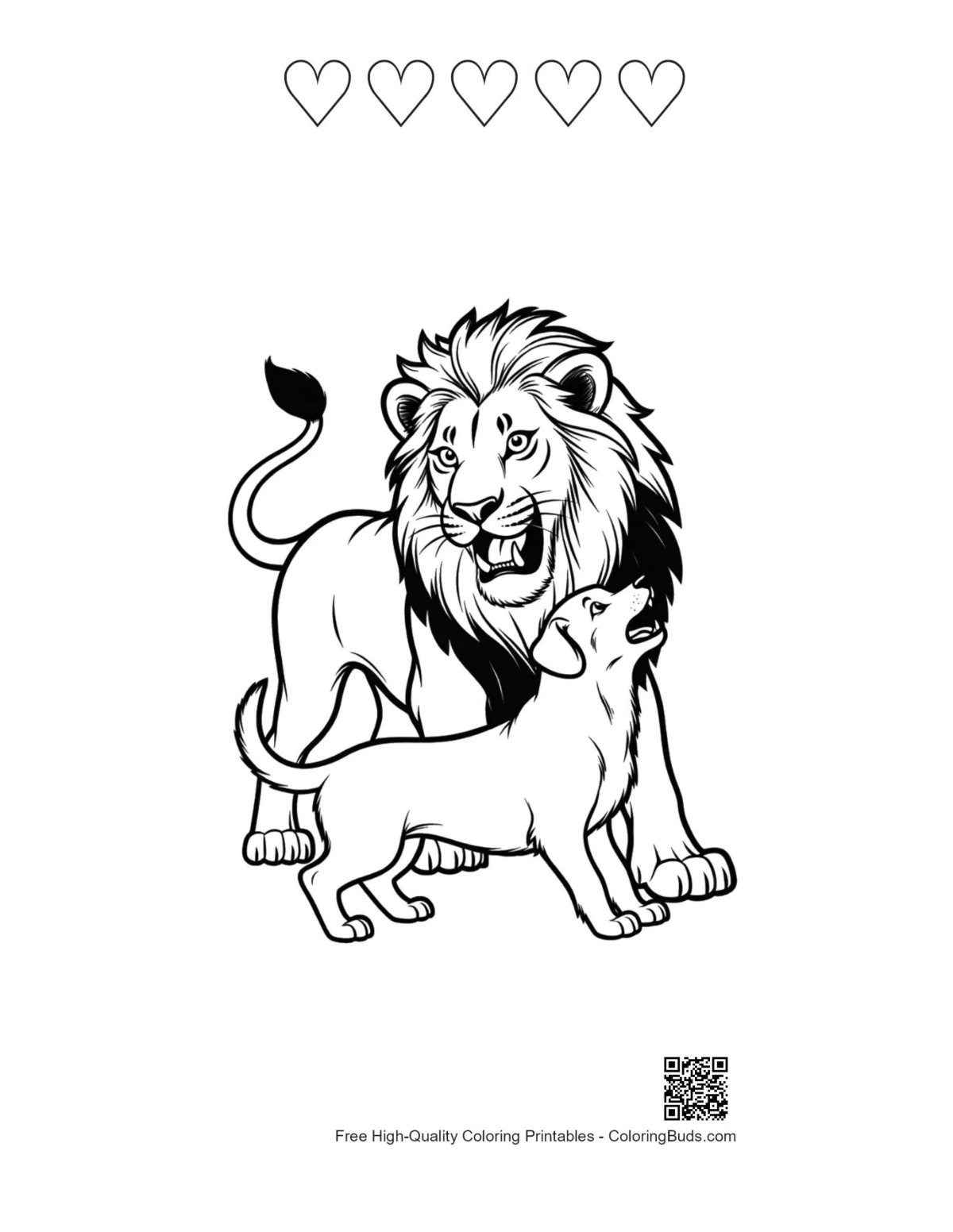 Mighty male lion roaring with 5 heart outline printable