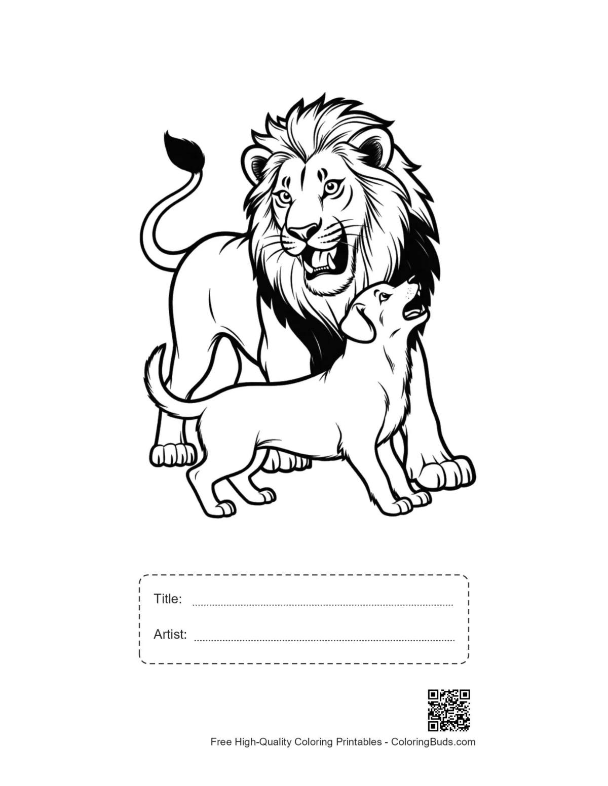 Mighty male lion roaring printable with title box