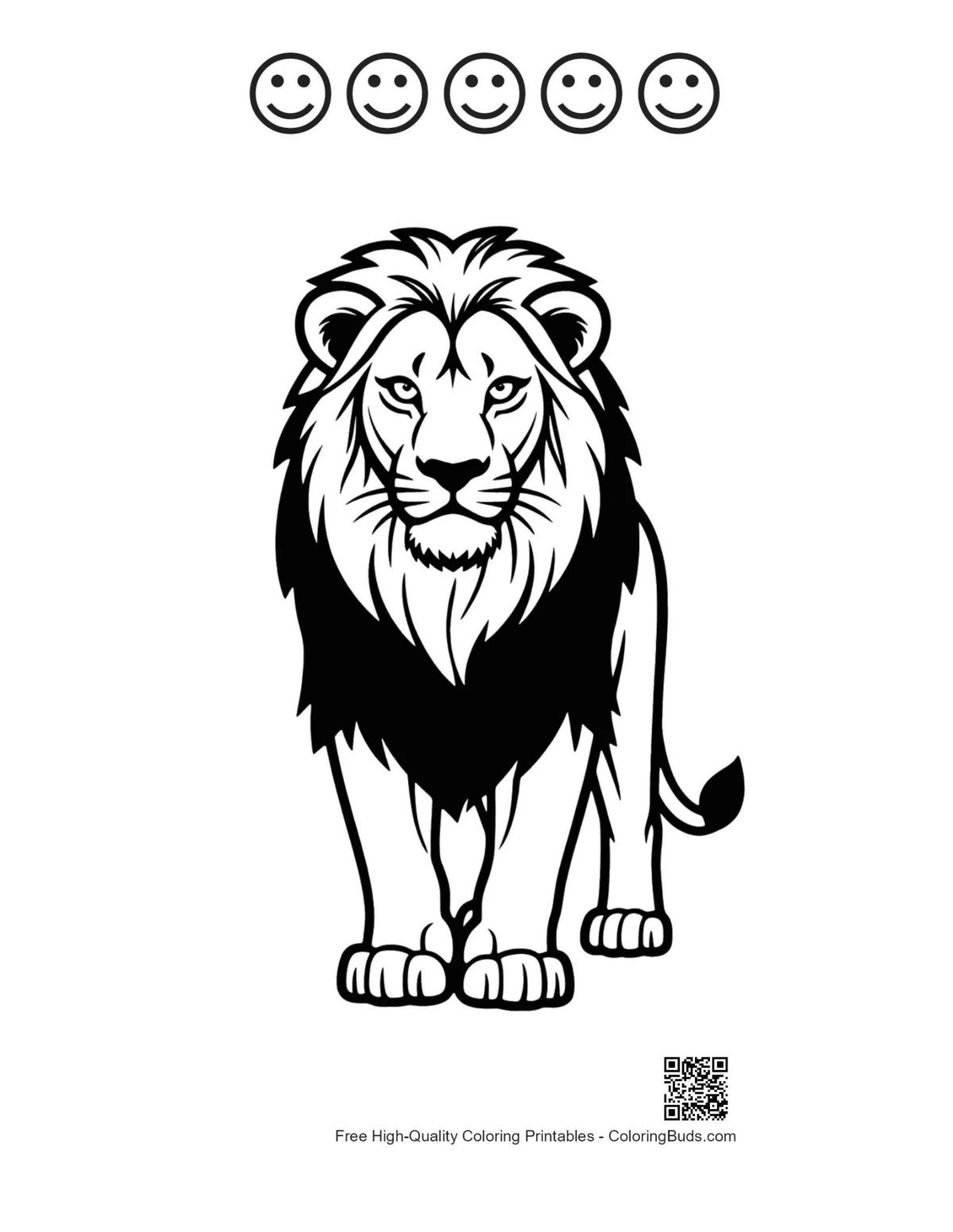 Male lion coloring page with 5 happy faces outline
