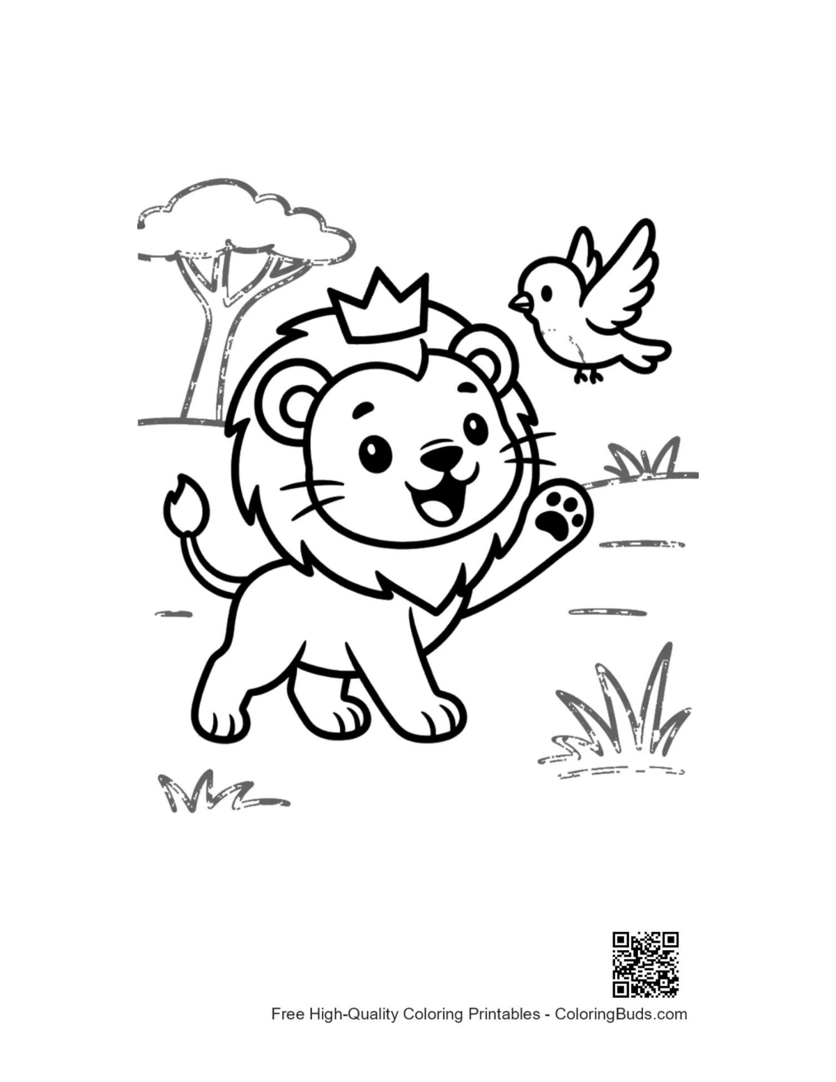 Playful lion cub waving bird friend coloring printable