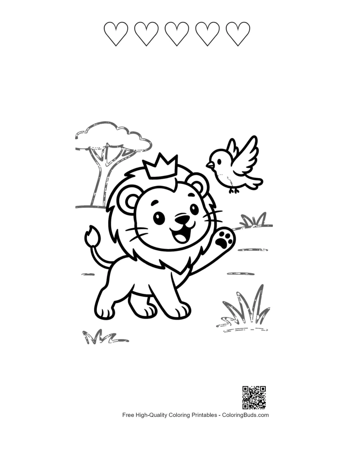 Playful lion cub bird with 5 heart outlines printable