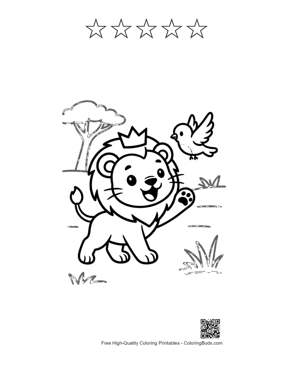 Lion cub bird friend with 5 star outline printable
