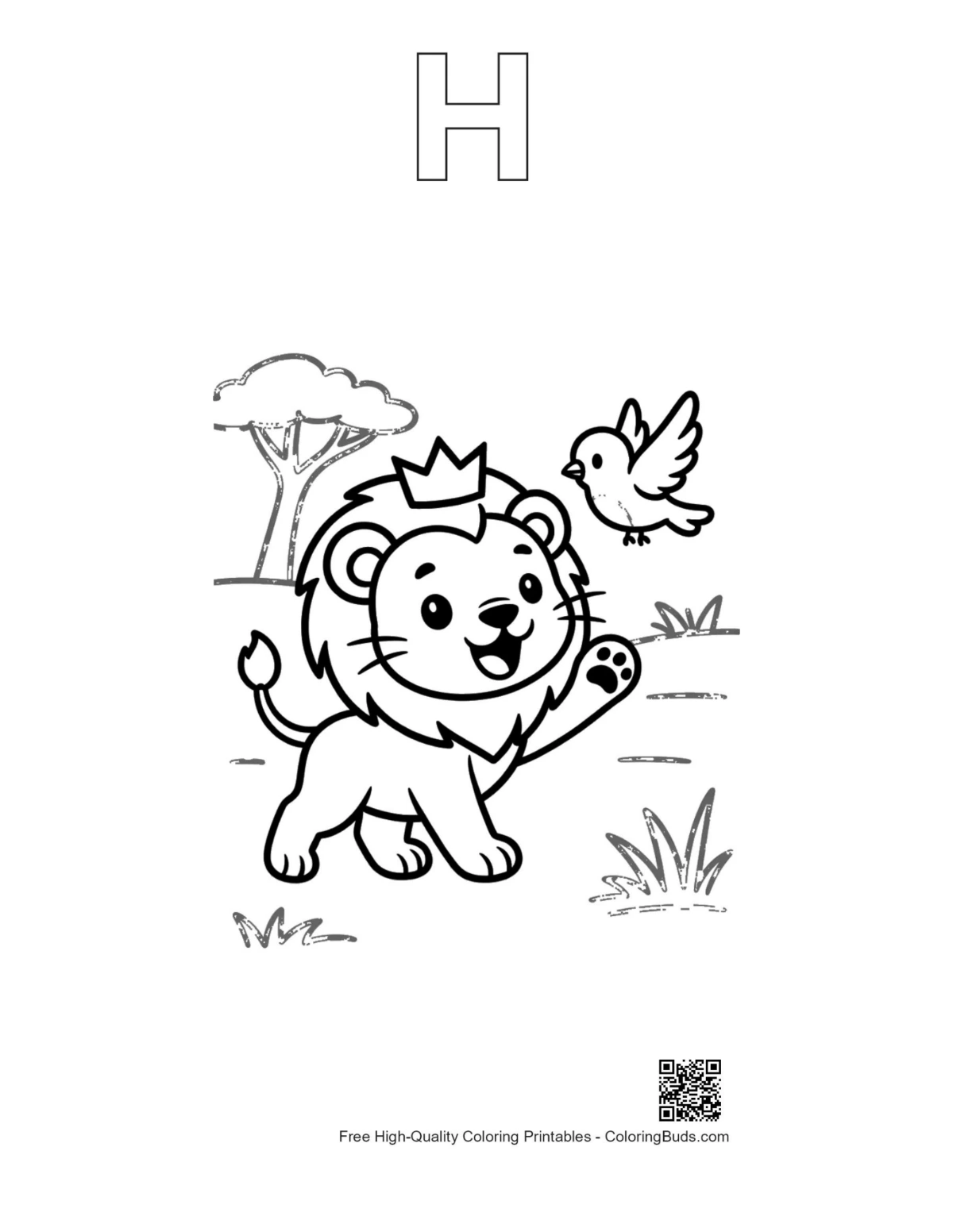 Lion cub waving bird outline alphabet H coloring page