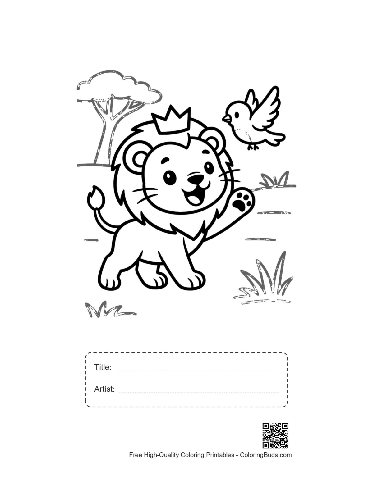 Playful lion cub bird friend printable with title box