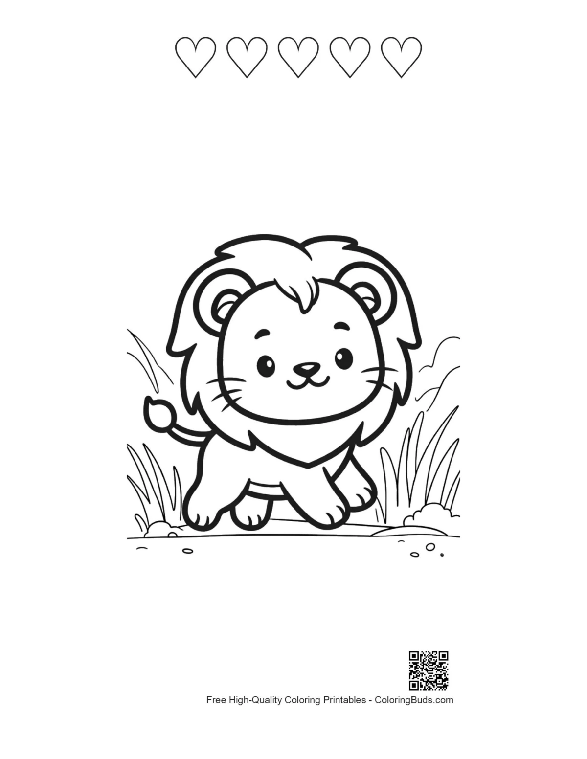 Playful lion cub savanna with 5 heart outlines