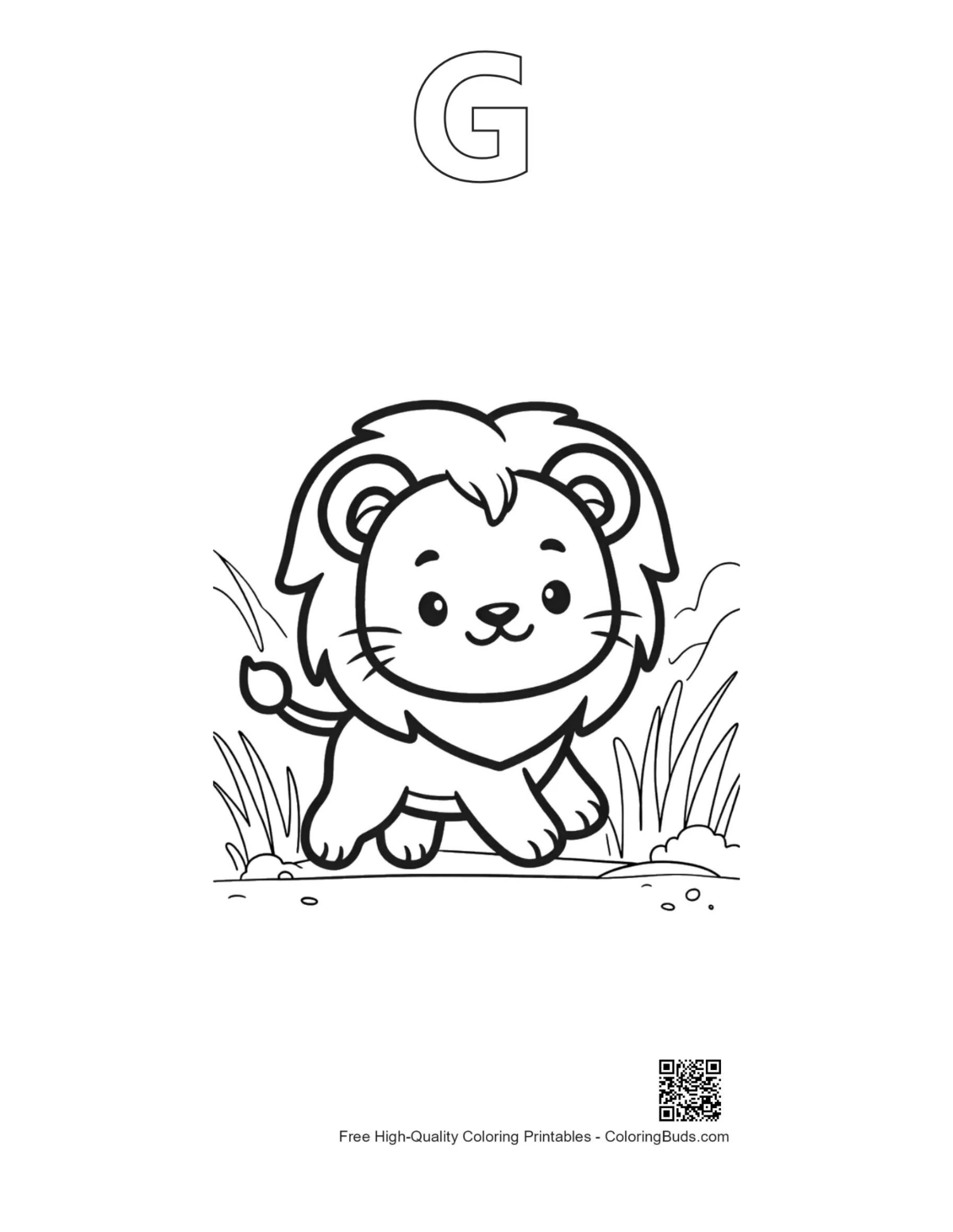 Lion cub savanna printable with alphabet G outline
