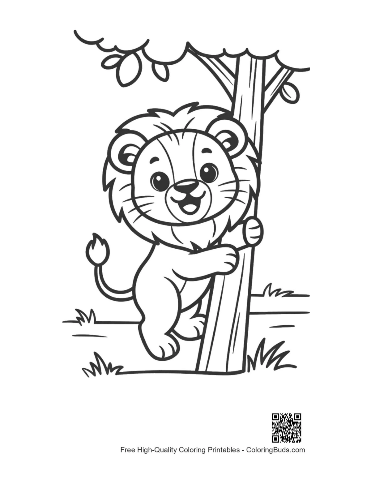 Cute small lion cub hugging tree savanna printable coloring