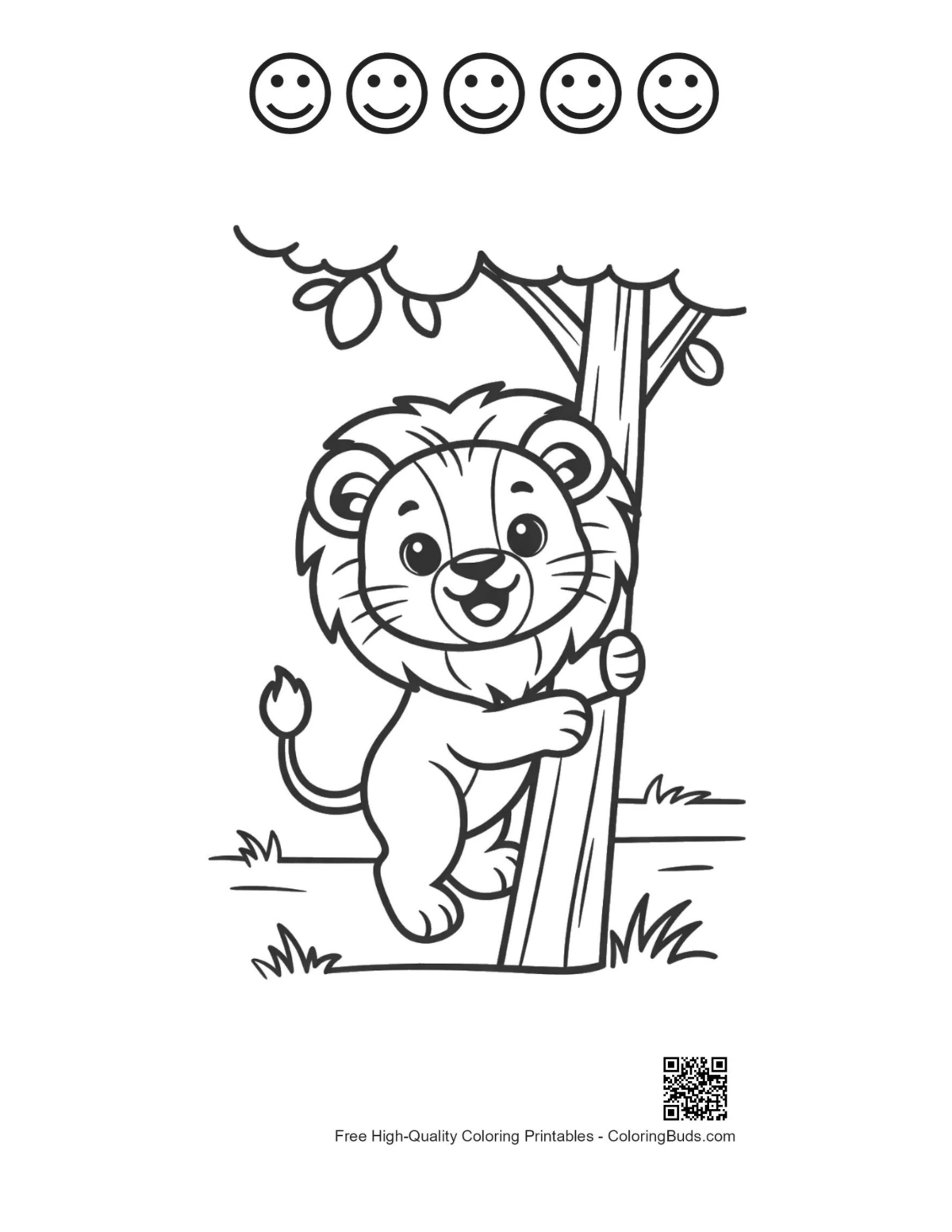 Lion cub savanna tree printable 5 happy face outlines coloring