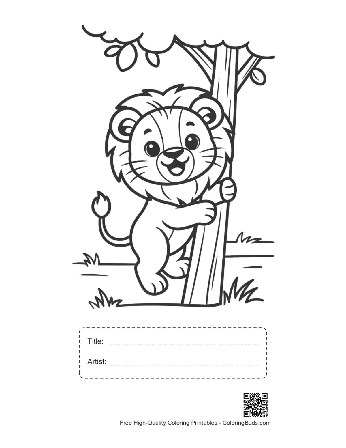 Small lion cub tree savanna printable with title artist box