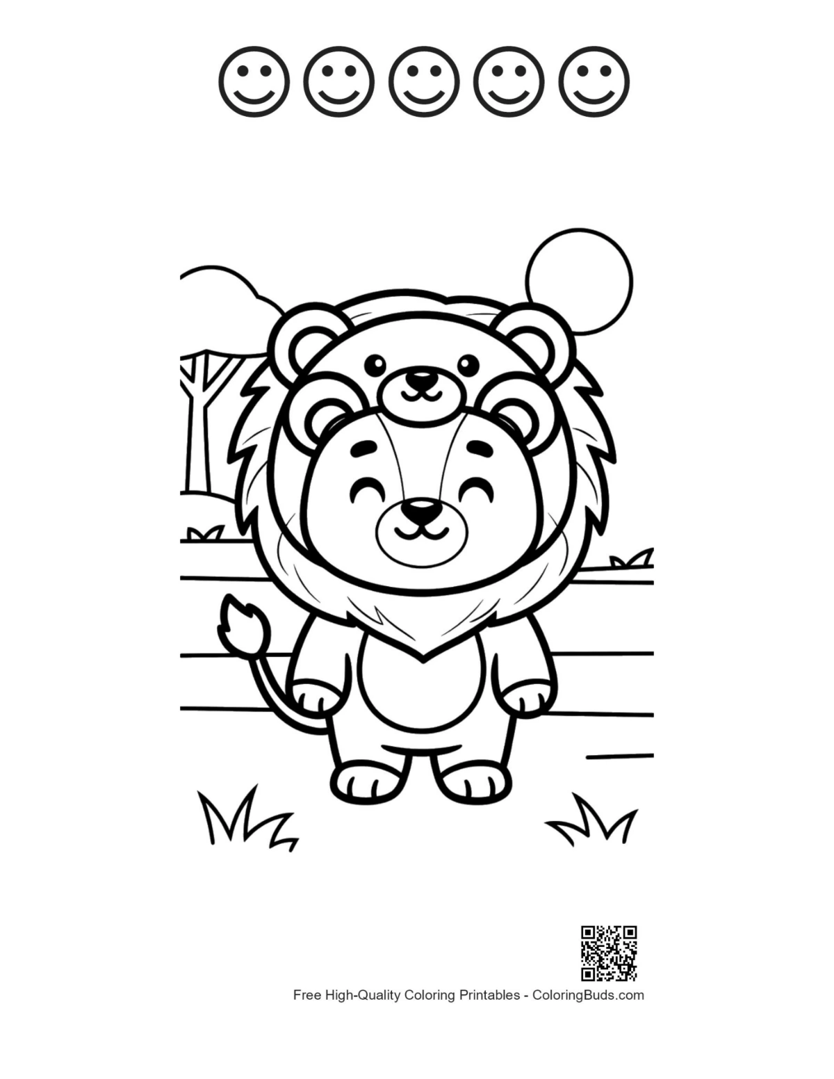 Male Lion coloring sheet with 5 happy faces