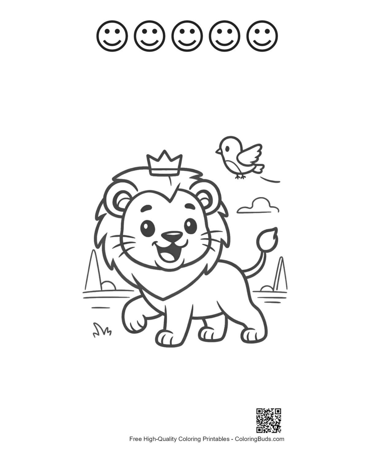 Lion cub savanna bird 5 happy faces outline printable