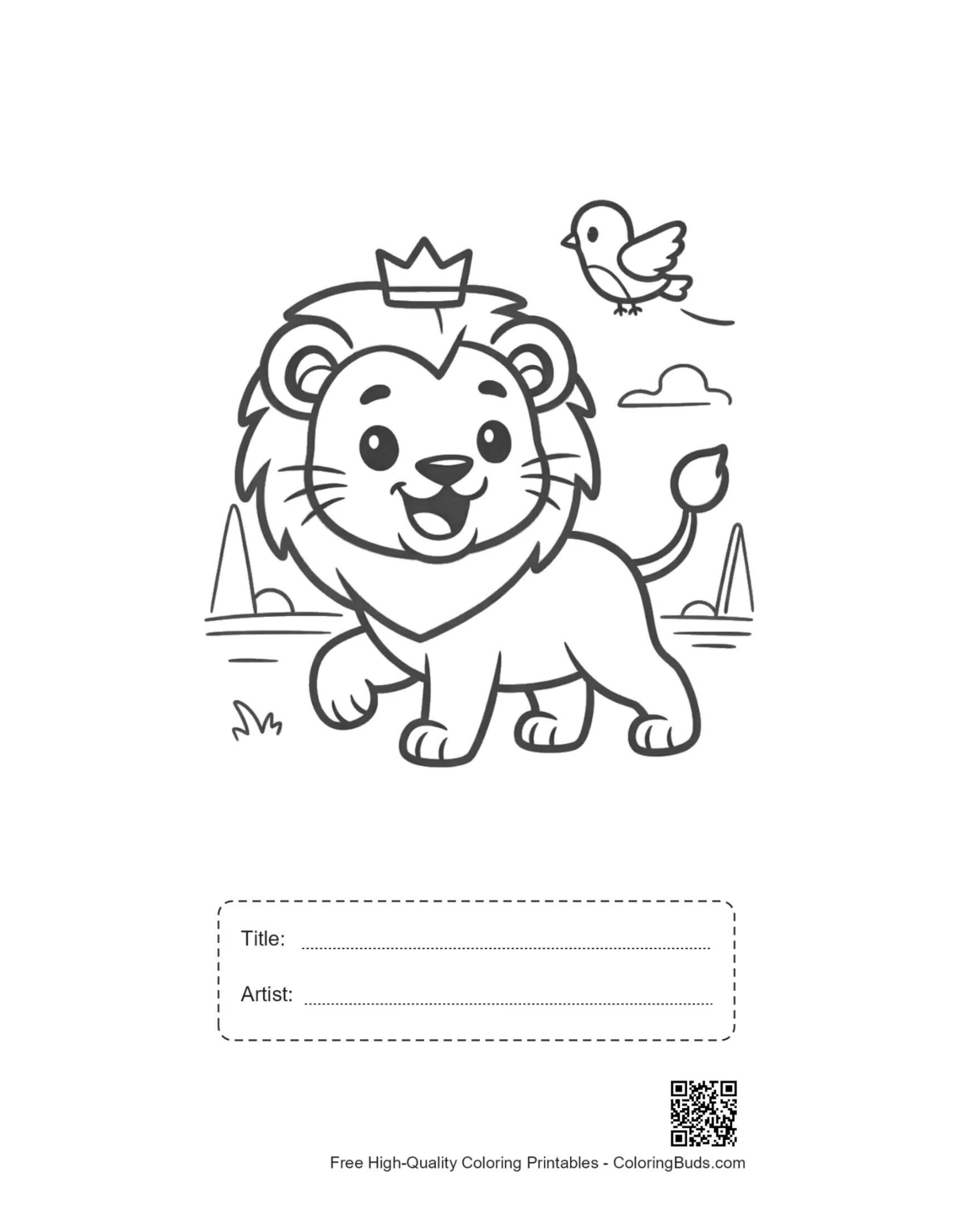 Young lion cub savanna bird printable with title box