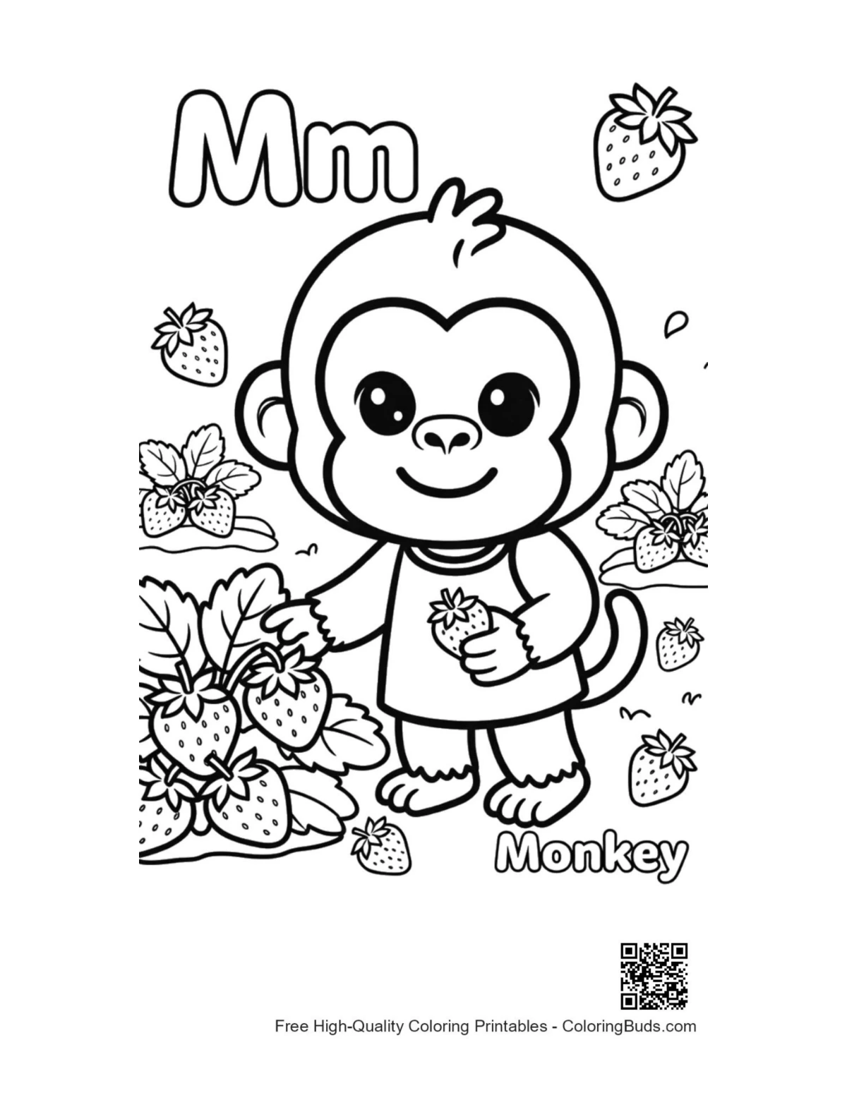 Adorable chimp playing in strawberry patch coloring page