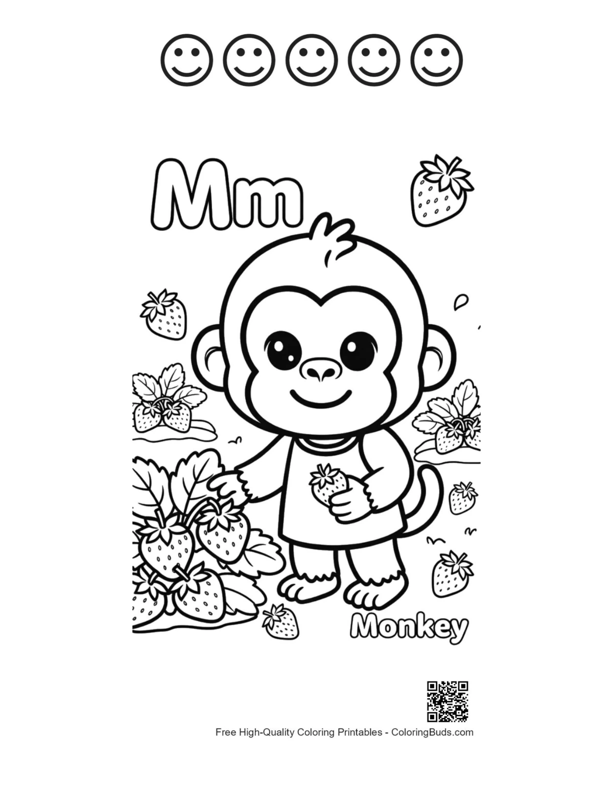 Chimp strawberry patch with 5 happy faces outline