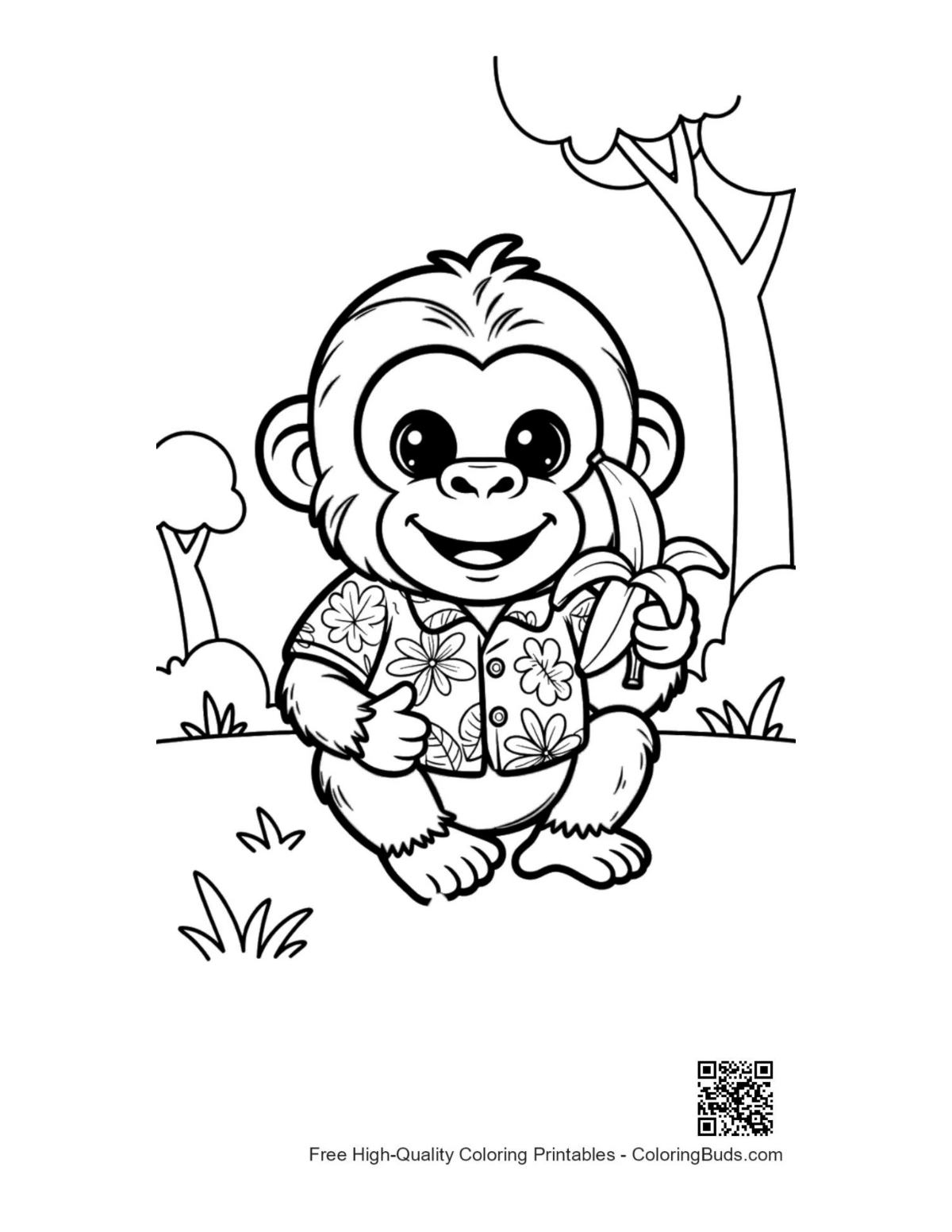 Cute chimp holding banana jungle coloring page