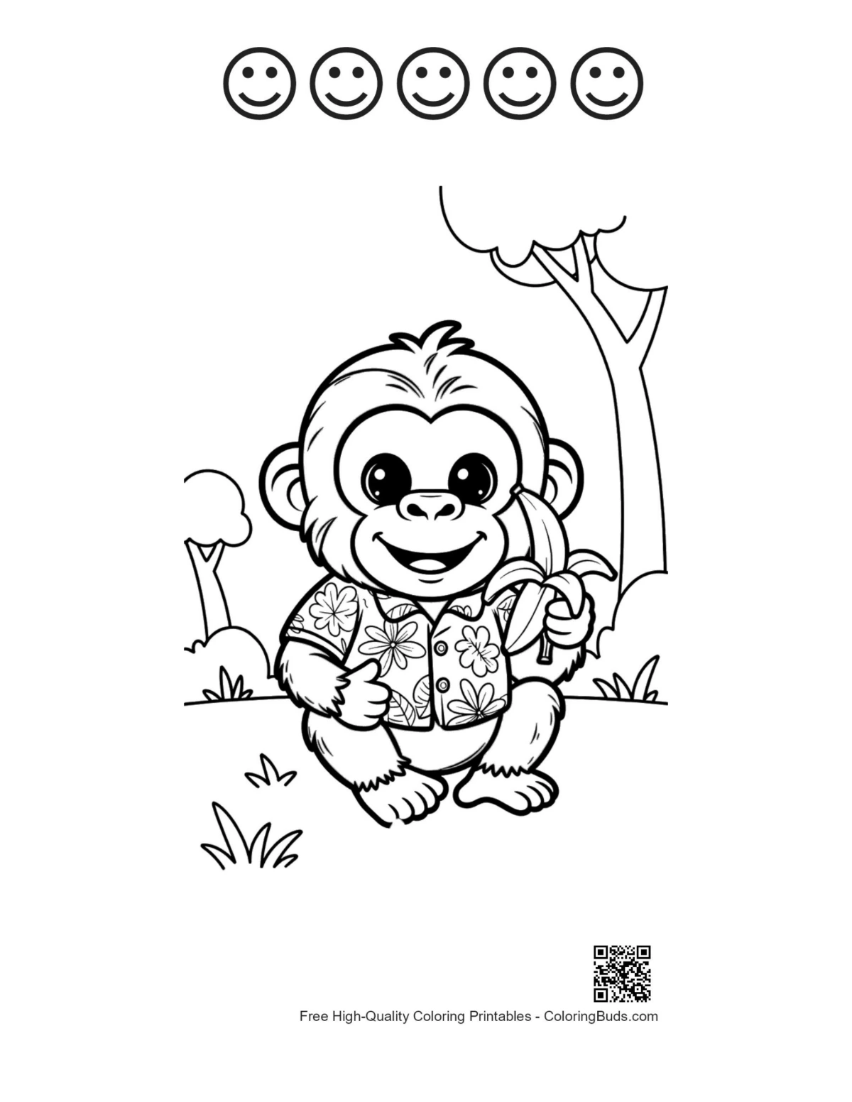 Cute chimp 5 happy faces outline printable