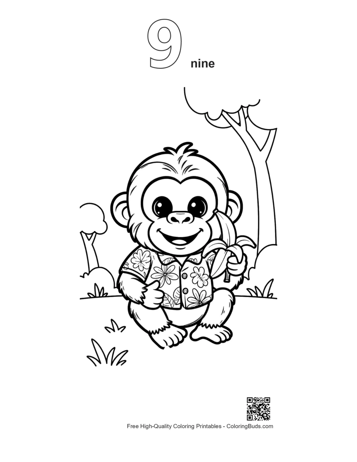 Chimp outline number 9 coloring printable