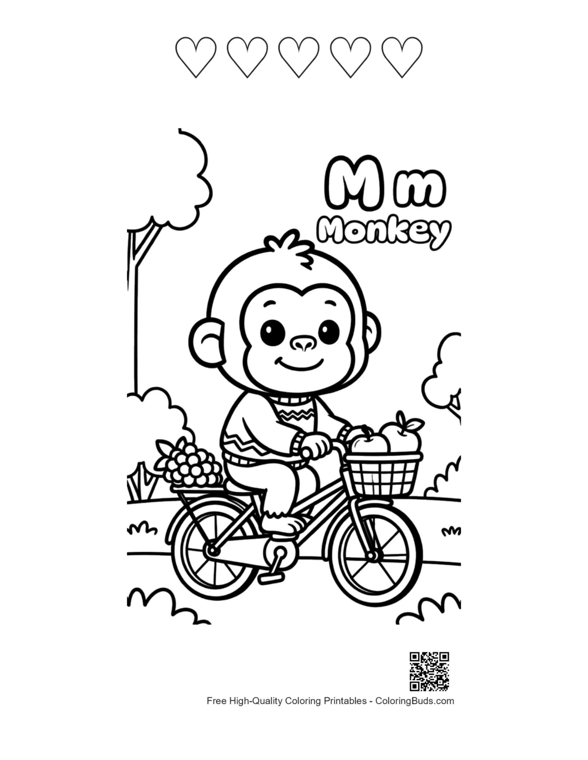Chimpanzee biking printable with 5 heart outlines