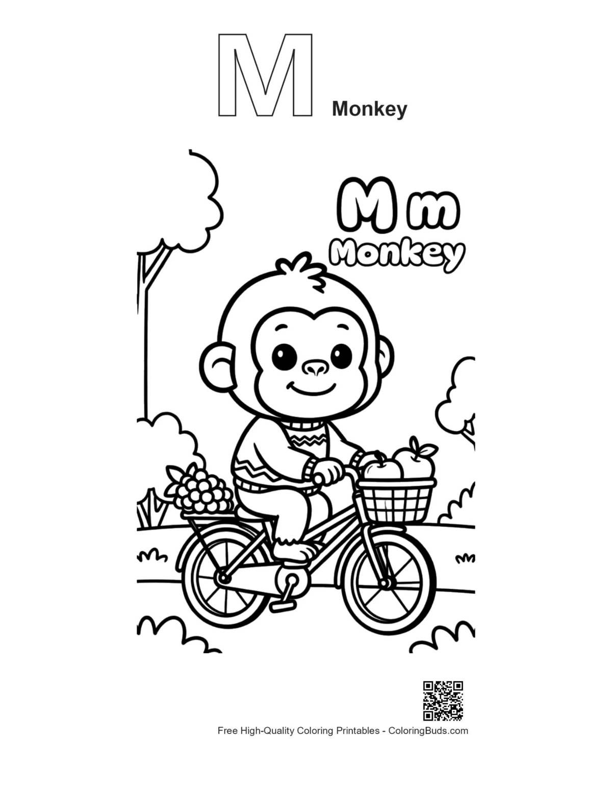 Baby chimp bicycle outline with M monkey alphabet