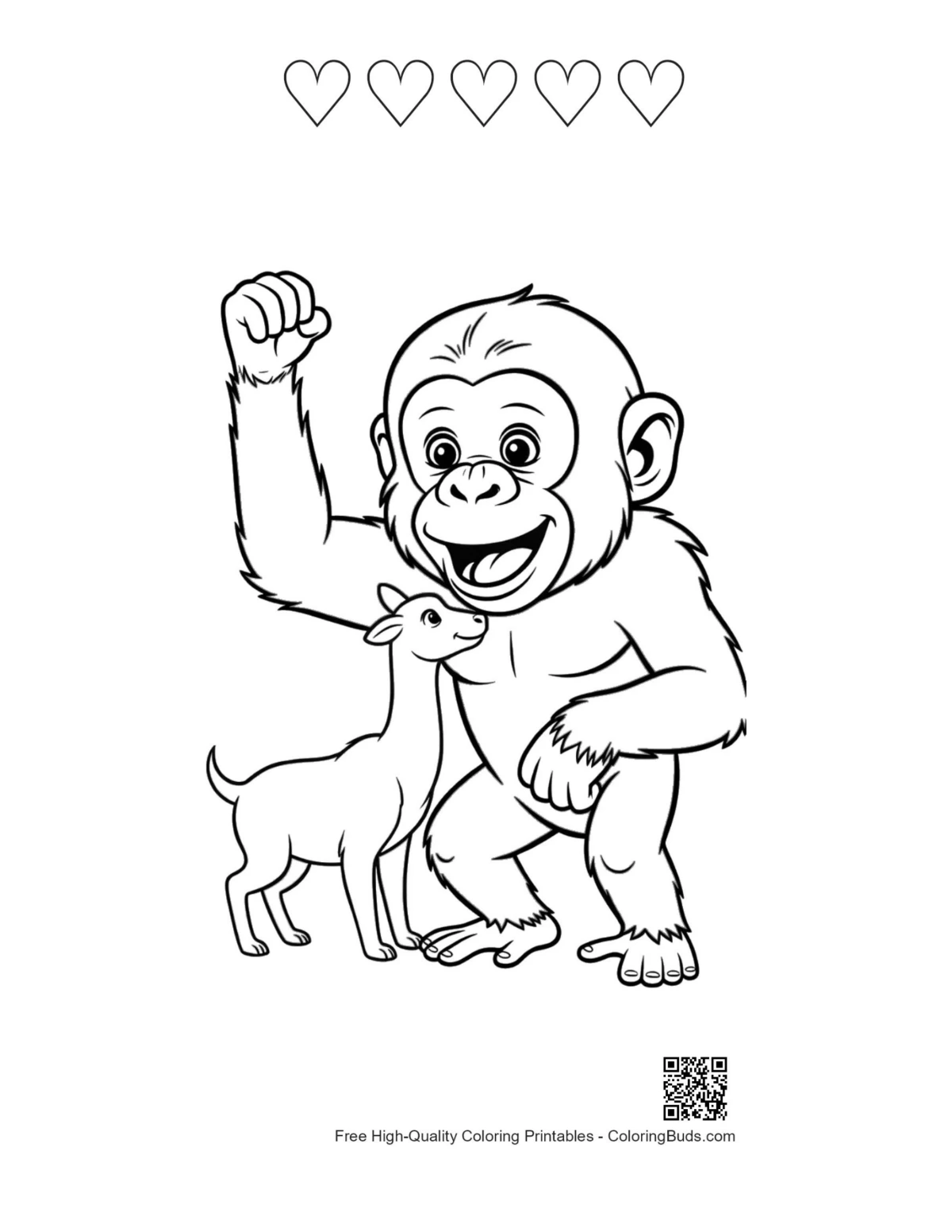 Chimpanzee printable with heart outlines
