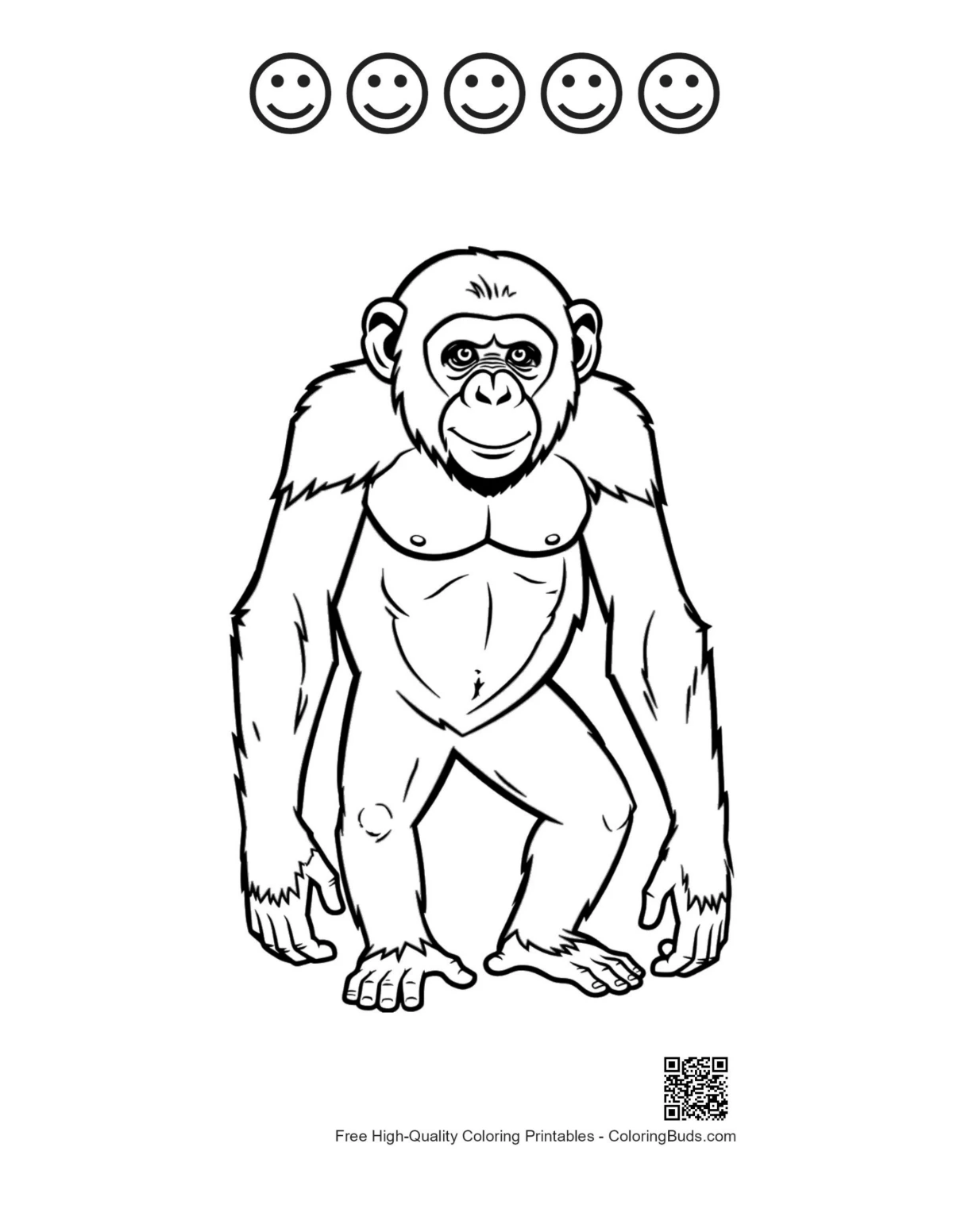 Chimpanzee with 5 happy face outlines printable
