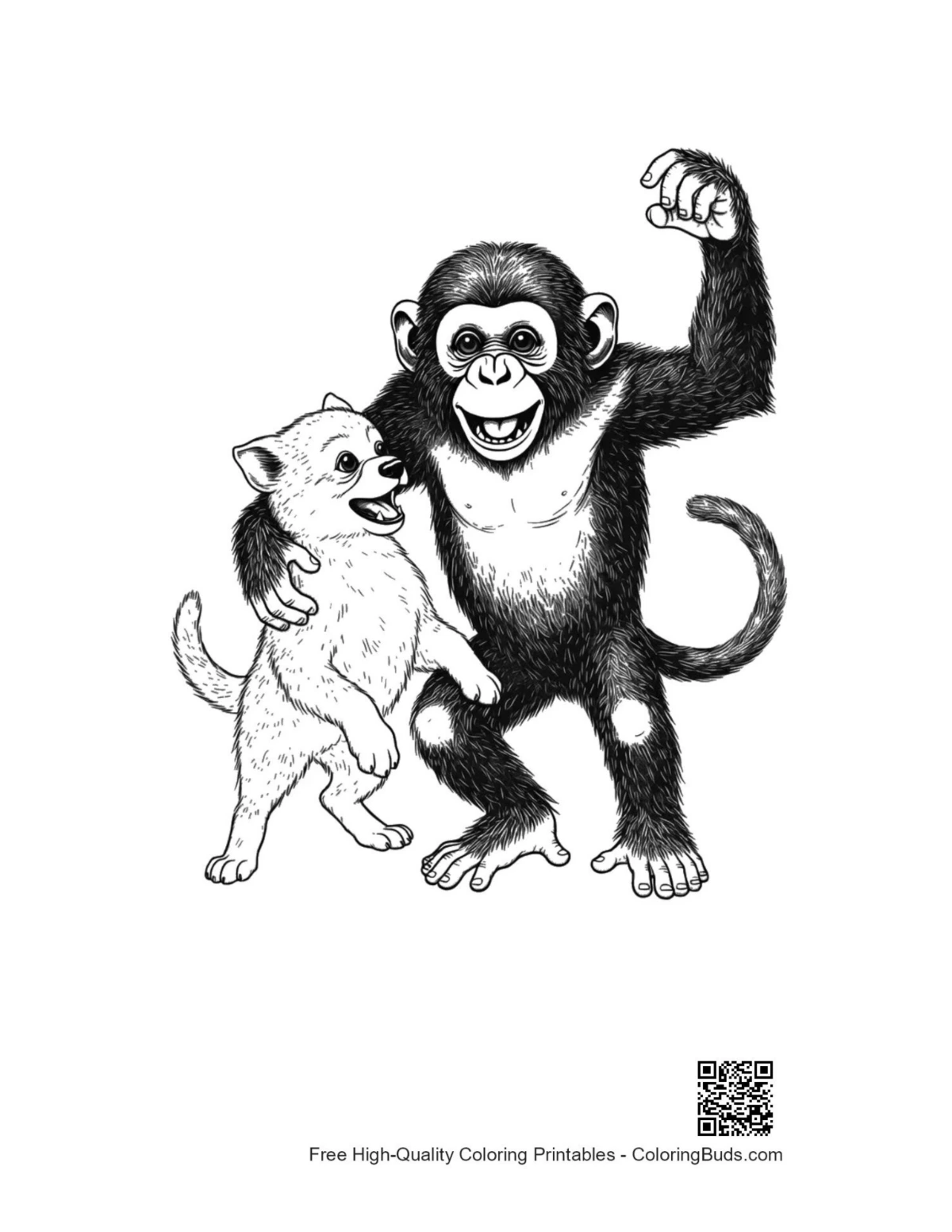 Chimpanzee and puppy dancing joyfully coloring page