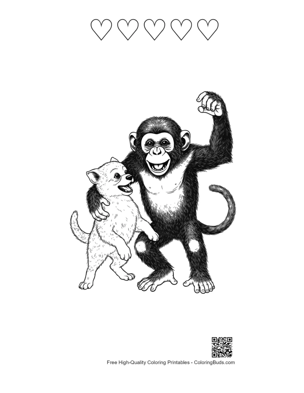 Chimpanzee puppy joyful dance 5 hearts outline