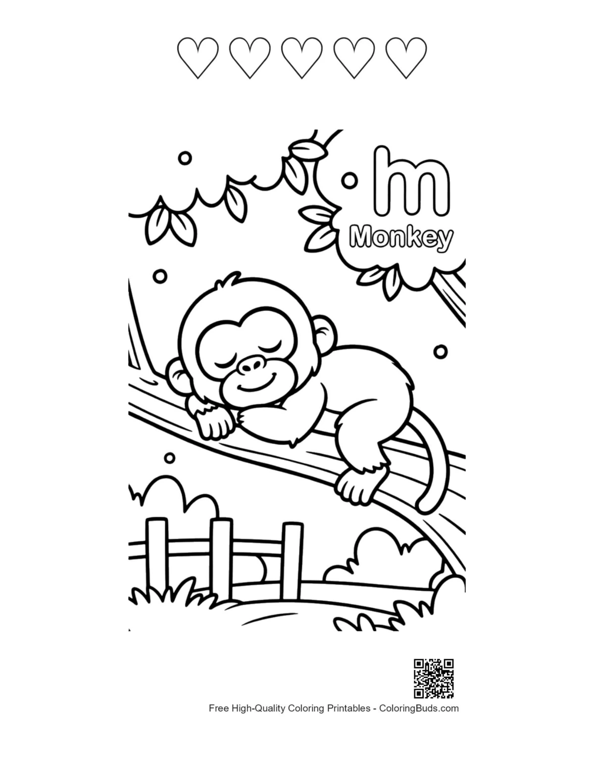Chimpanzee coloring sheet with 5 heart outlines printable