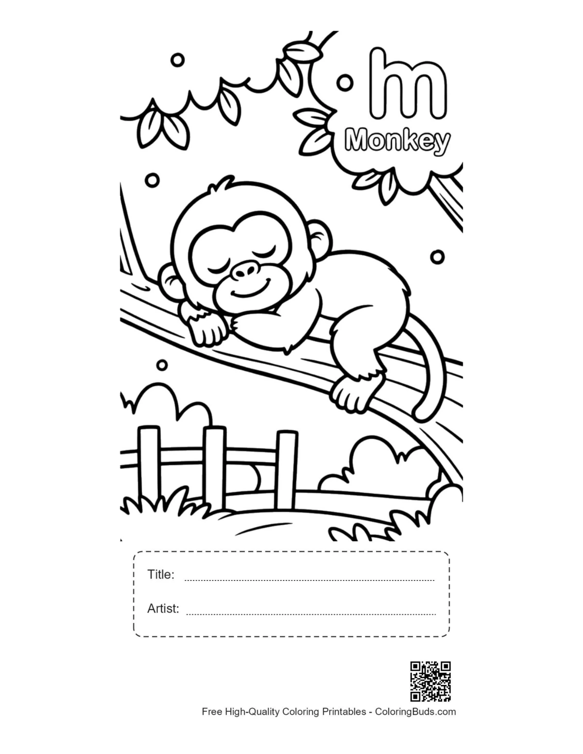 Chimpanzee coloring printable with title and artist signature box